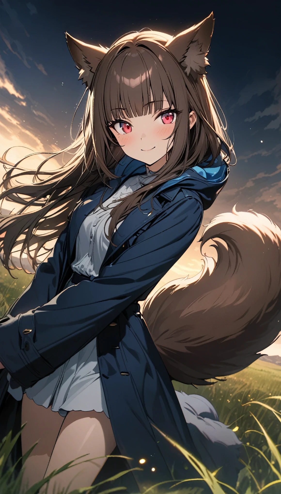 best quality, super fine, 16k, incredibly absurdres, extremely detailed, delicate and dynamic, cute wolf beast woman, ruby-red eyes, brown ears, straight brown hair, blunt bangs, fluffy brown tail, captivating look, aroused expression, slender, wearing navy blue long coat with hood, smiling and frolicking in the grassland, gentle effects of sparkling pastel colors, cute images with a delicate and gentle touch