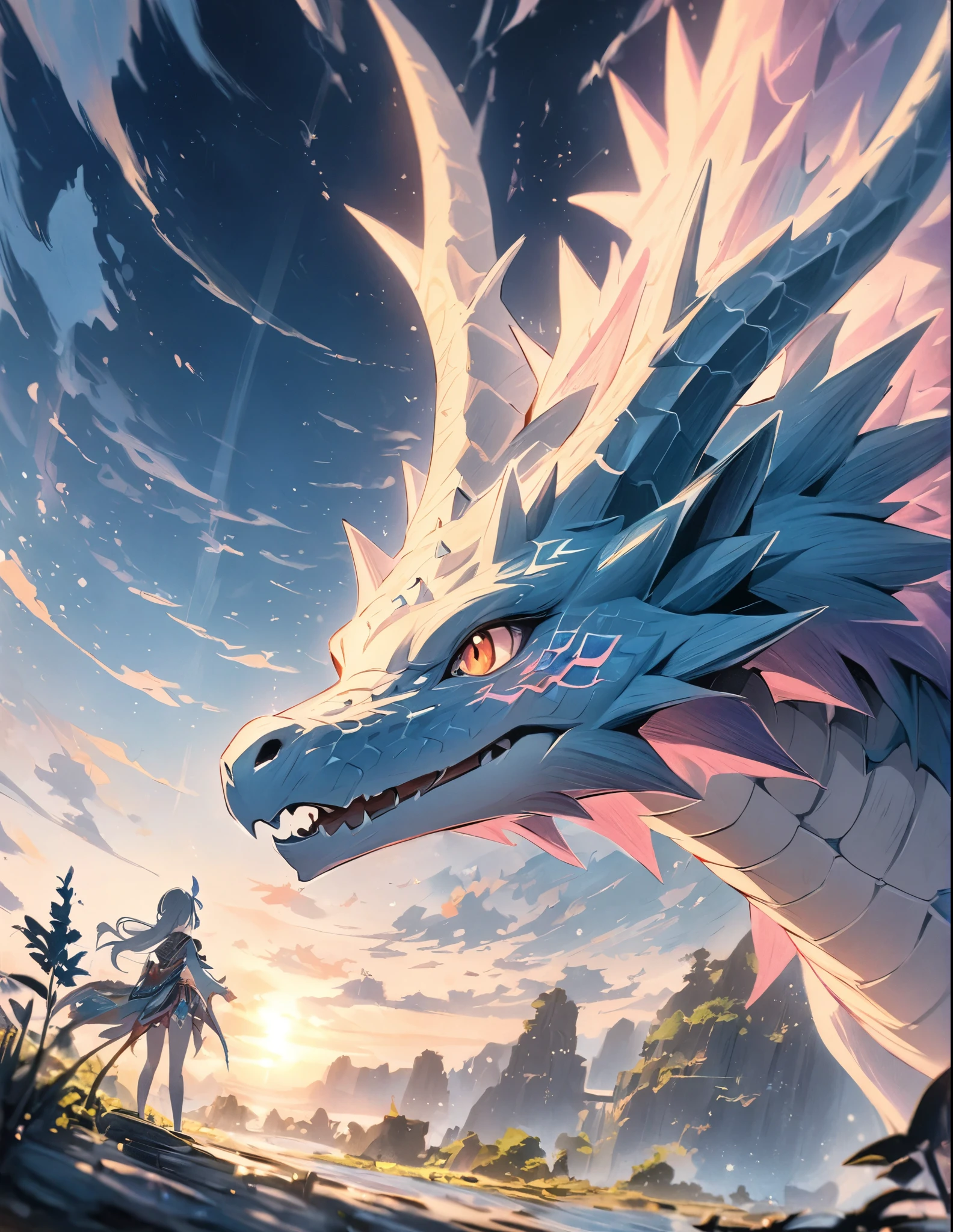 ((style:Colored pencil,pale colour))、(anime)、(masterpiece:1.2),atmospheric perspective,lens flare、Dragon、Dragon Tribe Girl、Otherworldly fantasy、cute、背景にDragon