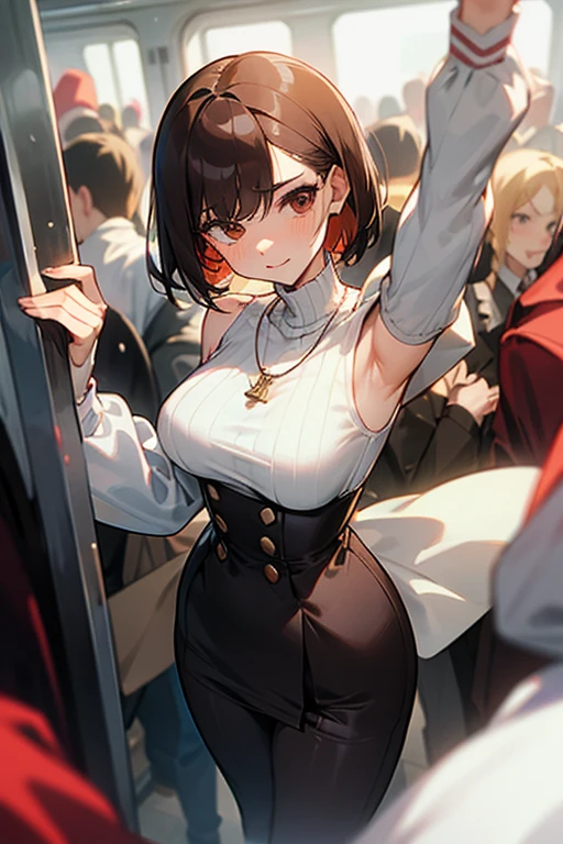 Brown short bob、Sleeveless white sweater、Wearing arm covers、Flared sleeves、Tight Skirt、Black Stockings、necklace、Extremely crowded train、There are a lot of people crowded together、Disheveled clothes、Your cheeks are red、slender、Curved waist、slender、Beautiful clavicle、There are a lot of people and they are close to each other、pants suit、
