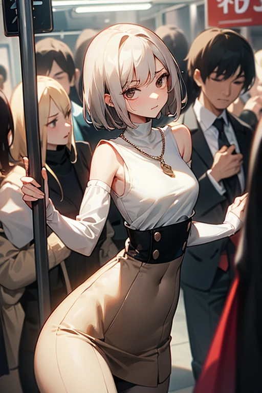Brown short bob、Sleeveless white sweater、Wearing arm covers、Flared sleeves、Tight Skirt、Black Stockings、necklace、Extremely crowded train、There are a lot of people crowded together、Disheveled clothes、Your cheeks are red、slender、Curved waist、slender、Beautiful clavicle、There are a lot of people and they are close to each other、pants suit、