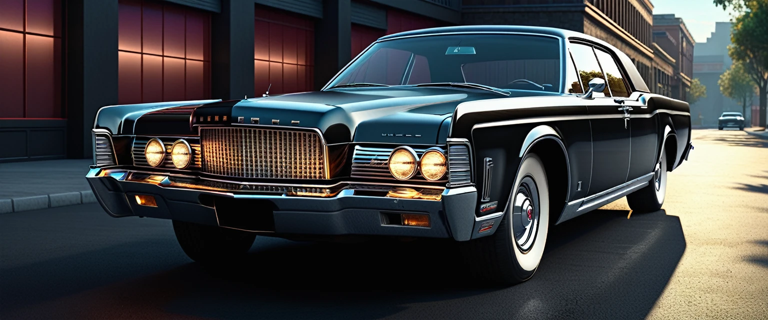 classic muscle car, lincoln continental, chromium-plated, op art, 1967, black shiny car, cinematic full shot, highly detailed hyper real retro, looking regal and classic, with sleek lines and a powerful, classic car, photo render, sparkling metal,professional photo , (night), natural light, neon signs, highly detailed, (highly detailed background), high quality photo, realistic photo, realistic shadows, detailed shadows, realistic proportions,film grain, raw photo, (raytracing), slate atmosphere, cinematic