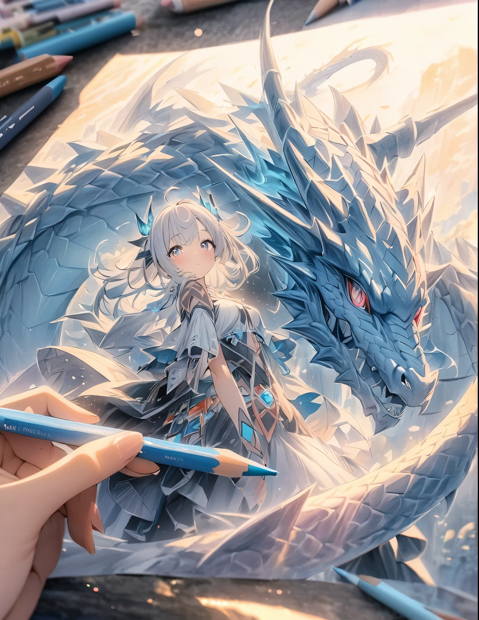 ((style:Colored pencil,pale colour))、(anime)、(masterpiece:1.2),atmospheric perspective,lens flare、Dragon、Dragon Tribe Girl、Otherworldly fantasy、cute、Dragon on background、A detailed depiction of the girl、Detailed depiction of the dragon