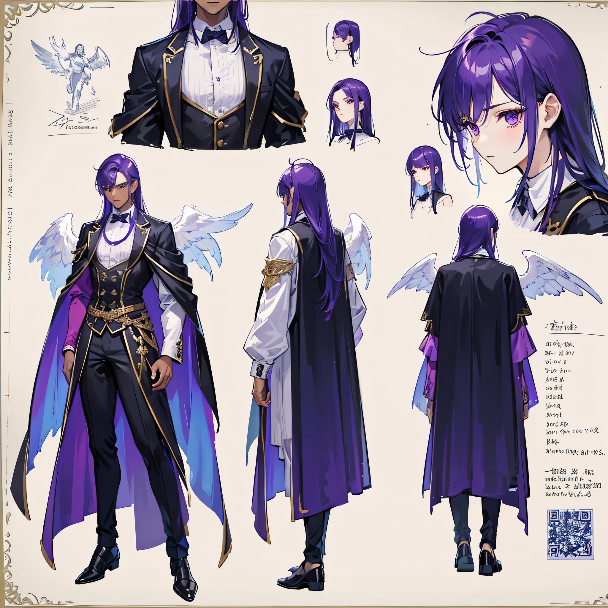 (Masterpiece, best quality), detailed, 1 man, ((character concept art)), ((character design sheet, same character, front, side, back)), full body, body complete, 1 Male, 1 Man, Detailed face, character design sheet，full bodyesbian, Highly detailed, character sheet, character design, Many parts, dark skin, angel wings, long purple hair, male angel outfit, masculine, male clothes,muscle male god, muscle man, male muscle, manly, male angel, Muscle male with purple long hair,  beautiful man