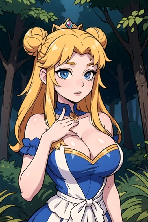 ((Best quality)), ((Masterpiece)), (detailed), perfect face perfect figure, Middle Ages, forest background, 26 year old, Scandinavian woman, Princess, Golden hair, bun-like hairstyle, bright blue eyes, pale skin, large breasts, tight blue dress, cleavage, diamond tiara,