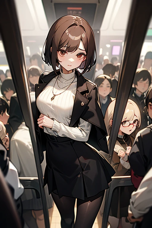 Brown short bob、Sleeveless white sweater、wearing a black jacket、Flared sleeves、Tight Skirt、Black Stockings、necklace、Extremely crowded train、There are a lot of people crowded together、Disheveled clothes、Your cheeks are red、slender、Curved waist、slender、Beautiful clavicle、There are a lot of people and they are close to each other、Flickering、Sexy、