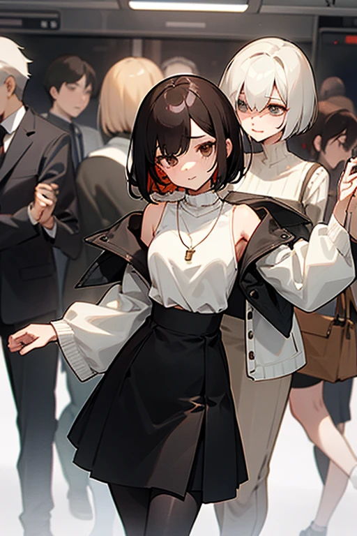 Brown short bob、Sleeveless white sweater、wearing a black jacket、Flared sleeves、Tight Skirt、Black Stockings、necklace、Extremely crowded train、There are a lot of people crowded together、Disheveled clothes、Your cheeks are red、slender、Curved waist、slender、Beautiful clavicle、There are a lot of people and they are close to each other、Flickering、Sexy、