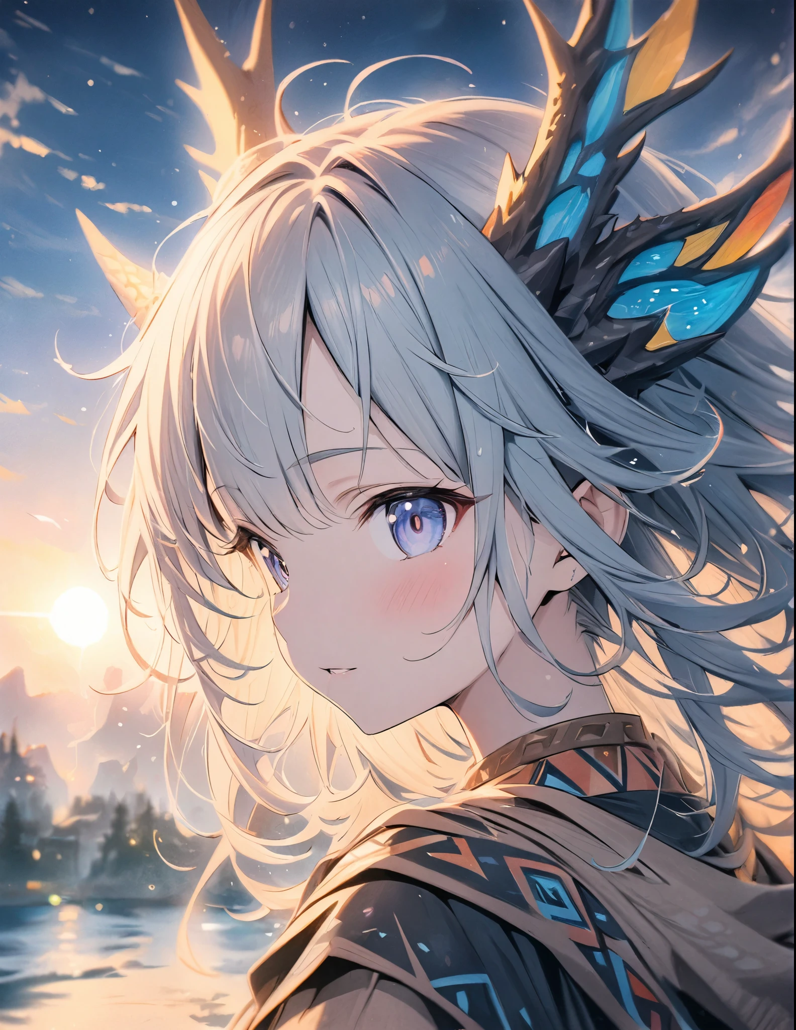 ((style:Colored pencil,pale colour))、(anime)、(masterpiece:1.2),atmospheric perspective,lens flare、Dragon、Dragon Tribe Girl、Otherworldly fantasy、cute、Dragon on background、A detailed depiction of the girl、Detailed depiction of the dragon、Close-up