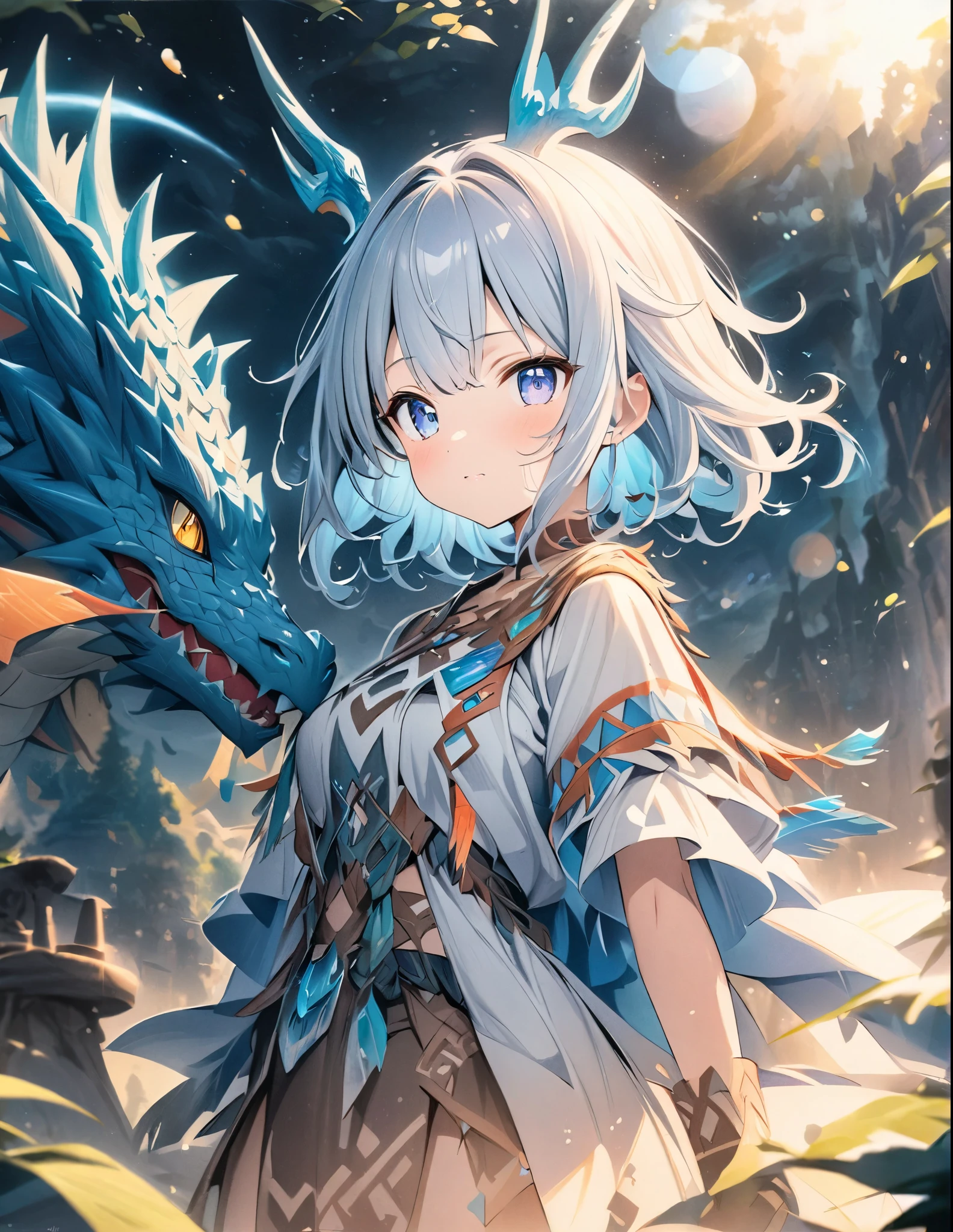 ((style:Colored pencil,pale colour))、(anime)、(masterpiece:1.2),atmospheric perspective,lens flare、Dragon、Dragon Tribe Girl、Otherworldly fantasy、cute、Dragon on background、A detailed depiction of the girl