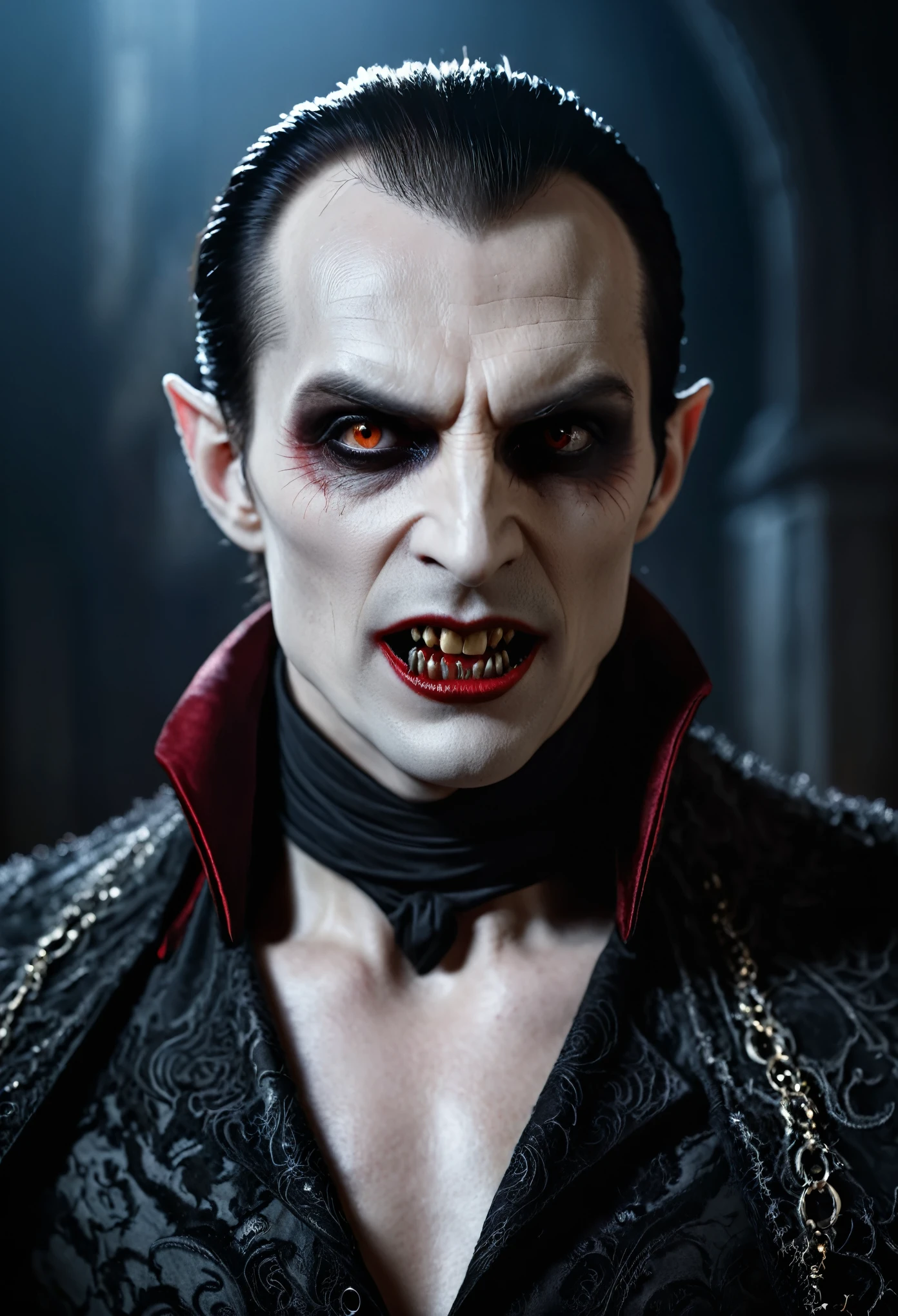 hyper realistic and highly detailed, vampire creature, half body portrait, cinematic, movie still, captured in the style of Sony Alpha A7 III camera