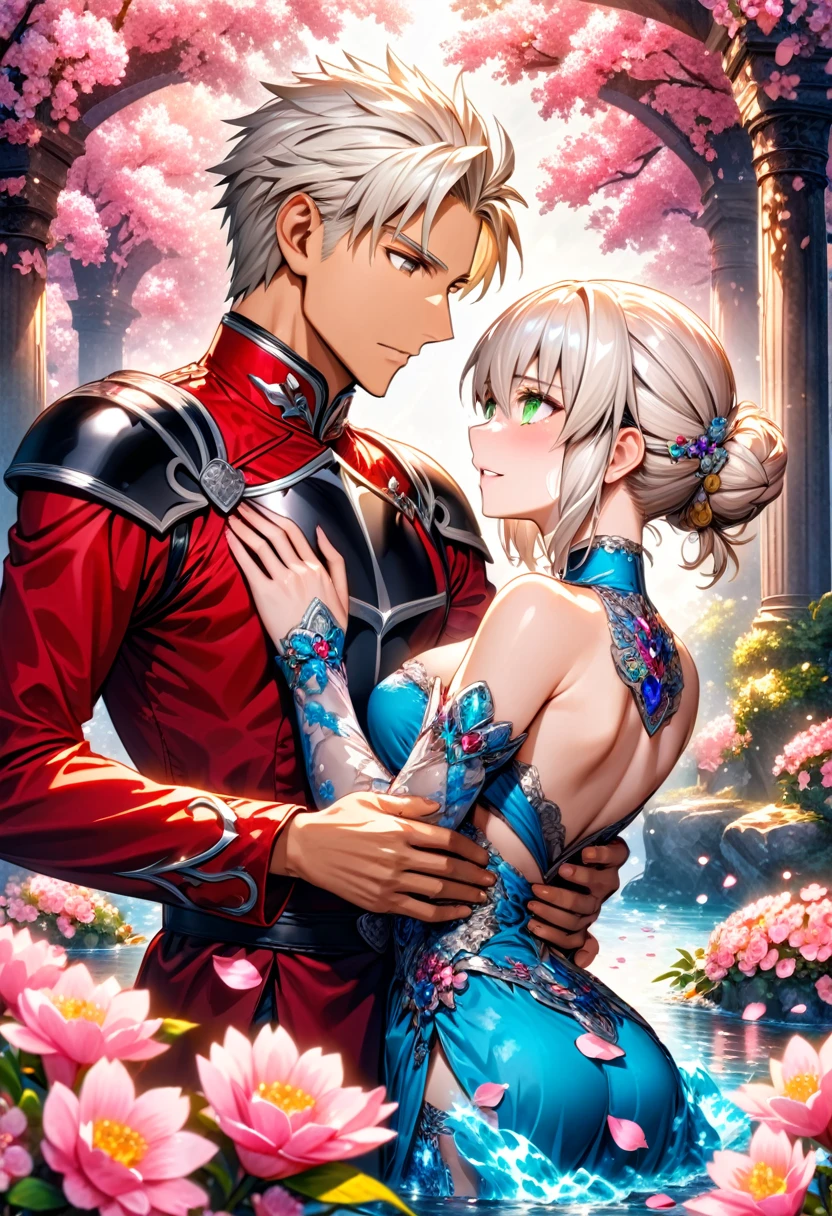 Ultra detailed, Highres, absurdres, HDR, master piece, Archer, white hair, expressive brown eyes, Artoria Pendragon, blond hair tied in a bun, expressive green eyes, Fate Grand Order, a handsome man together with a beautiful woman, couple, love, extremely detailed eyes and face, water, pink flowers, blossoms, petals, fantasy, magic, best quality, sexy, knight red clothes