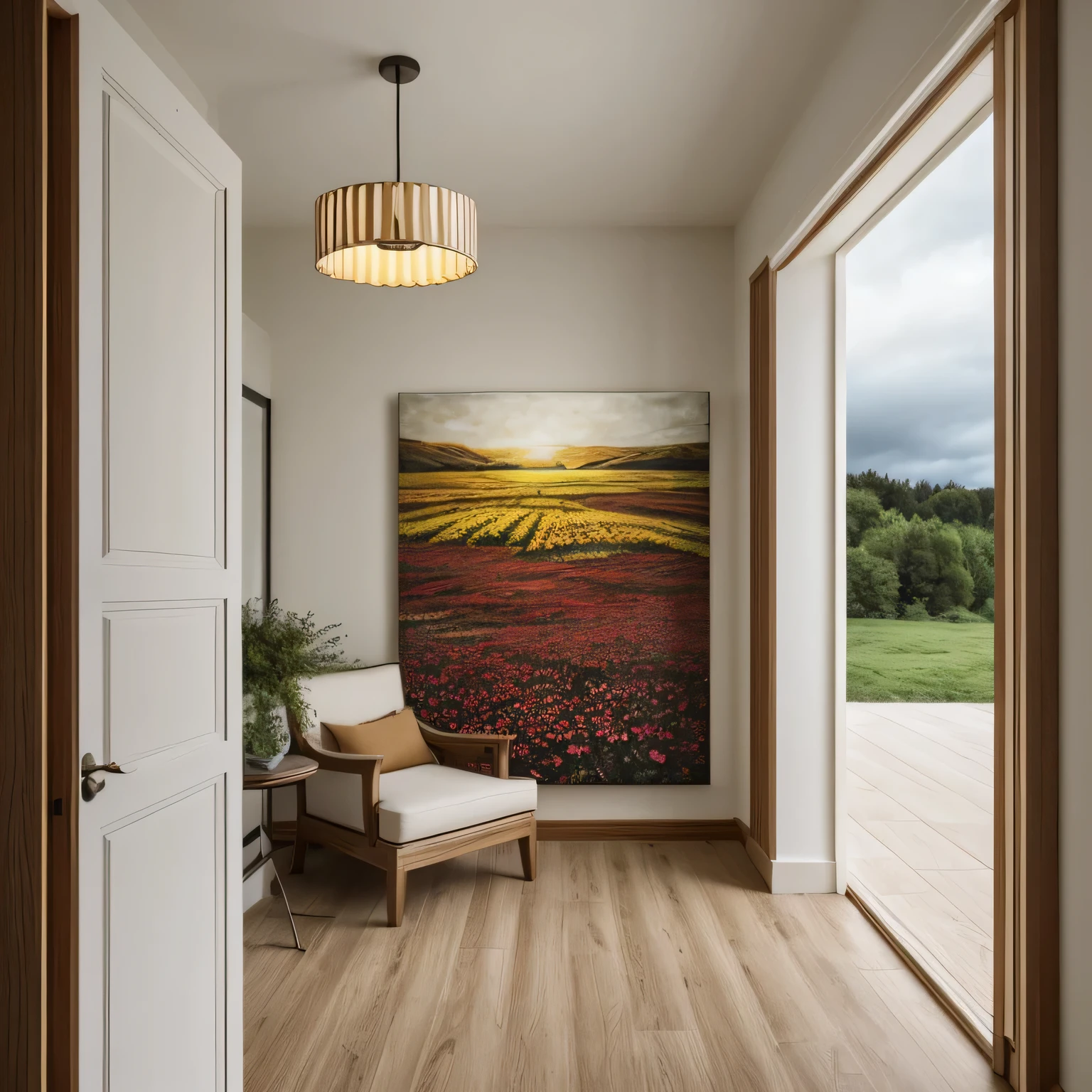 Create images of surreal rooms where interior walls transition seamlessly into landscape paintings.. The top of the wall features an abstract explosion of red and yellow against the moody sky depicted in the artwork., Single hanging pendant light with metallic shade casts a soft glow. A vintage wooden chair with a curved back rests to the left of an open door frame leading to a painted scene.. the chair is red, brown, beige, It is located on a checkered tiled floor in shades of white.. Through the doorway the continuation of the landscape shows a vast field with patches of red flowers, leading to a lonely bare tree on the horizon under a stormy sky. To the right of the open door we see a wall-mounted sconce, adding to the blended reality and colored world.. The door itself is made of wood., Painted white, but weathered and slightly adjacent, it reinforces the feeling of transition between the physical room and the painted landscape..
