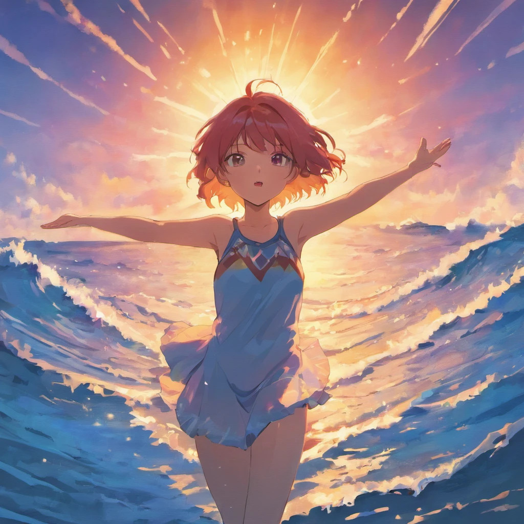 "Uma jovem mulher praticando ioga ao nascer do sol em uma praia tranquila, transmitting peace and self-confidence."