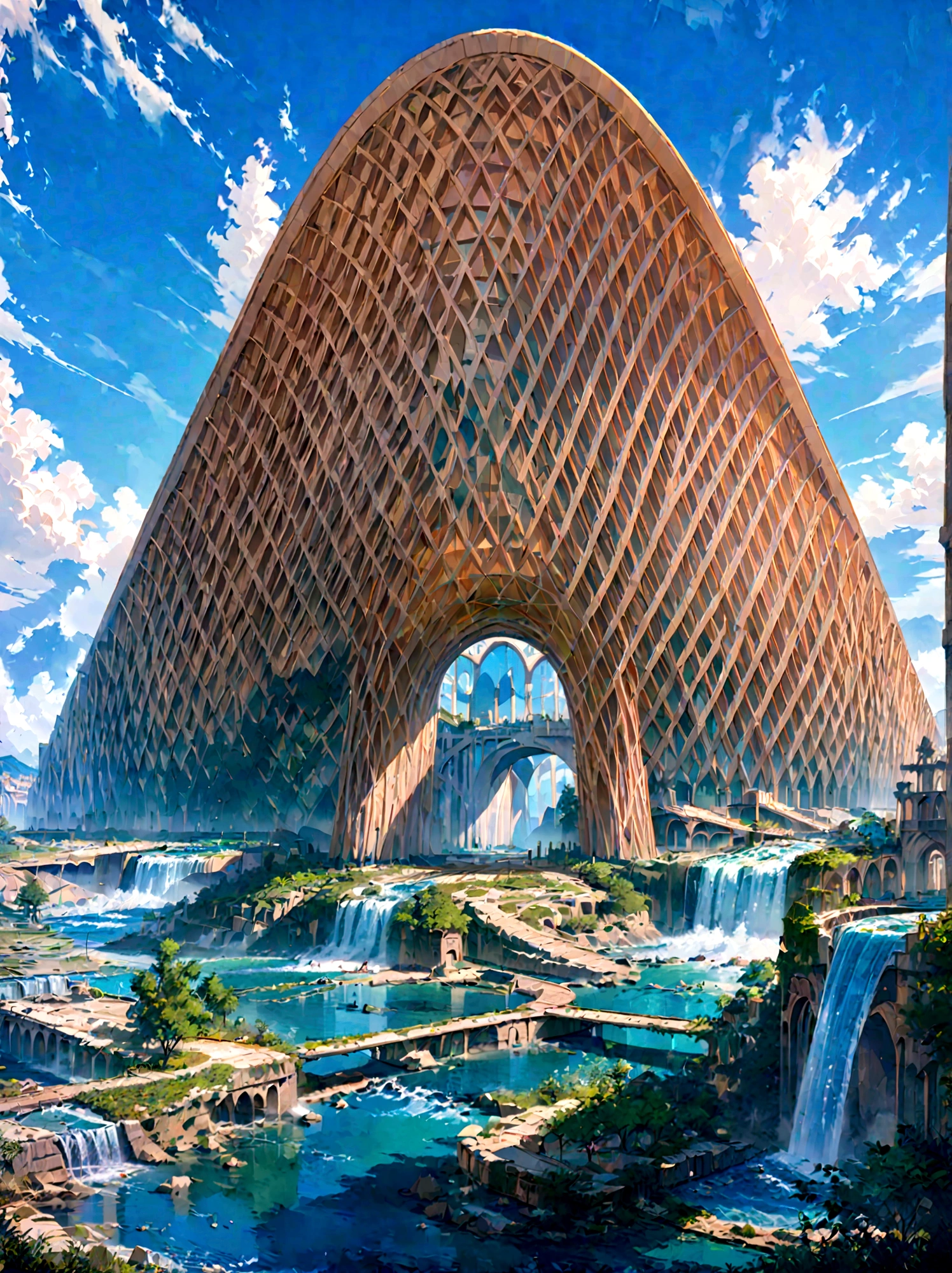 8K resolution, surreal, Super detailed, high quality, fantastical city, towering archways and bridges, cascading waterfalls, ancient ruins, lush greenery, winding river, blue skies with fluffy clouds, detailed stone structures, scenic landscapes, mix of natural and architectural beauty, vibrant colors