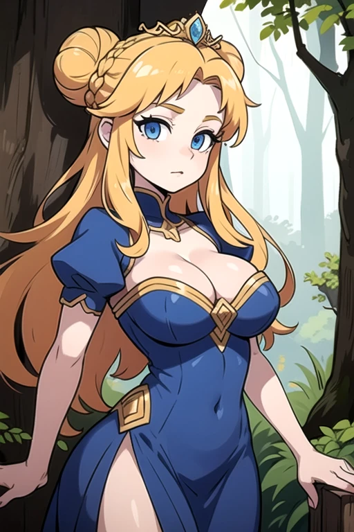 ((Best quality)), ((Masterpiece)), (detailed), perfect face perfect figure, Middle Ages, forest background, 26 year old, Scandinavian woman, Princess, Golden hair, bun-like hairstyle, bright blue eyes, pale skin, large breasts, tight blue dress, cleavage, diamond tiara,