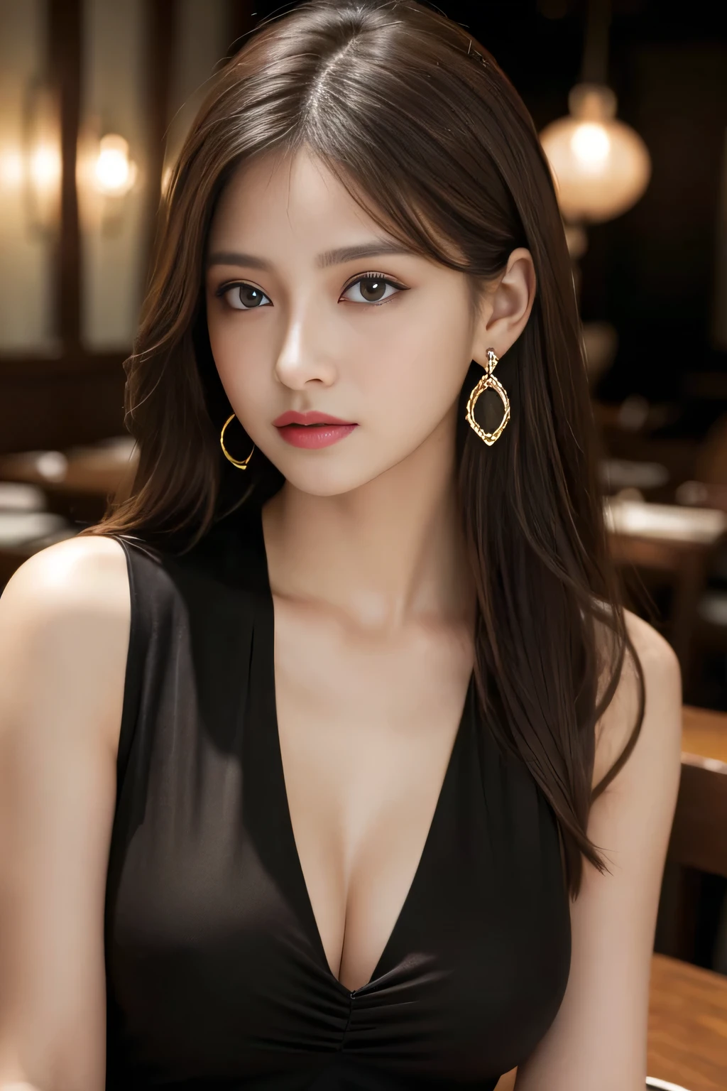 masterpiece, highest quality, Realistic, Very detailed, Finer details, High resolution, 8k wallpaper, One beautiful woman, Wear a black see-through shirt, In a great restaurant, At night, Light brown messy hair, Perfect dynamic composition, Beautiful and beautiful eyes、Big earrings,Sleeveless shirt、