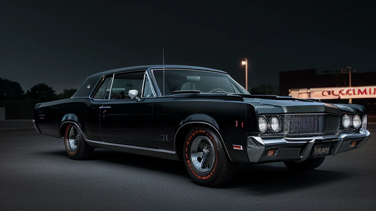 classic muscle car, lincoln continental, chromium-plated, op art, 1967, black shiny car, cinematic full shot, highly detailed hyper real retro, looking regal and classic, with sleek lines and a powerful, classic car, photo render, sparkling metal,professional photo , (night), natural light, neon signs, highly detailed, (highly detailed background), high quality photo, realistic photo, realistic shadows, detailed shadows, realistic proportions,film grain, raw photo, (raytracing), slate atmosphere, cinematic
