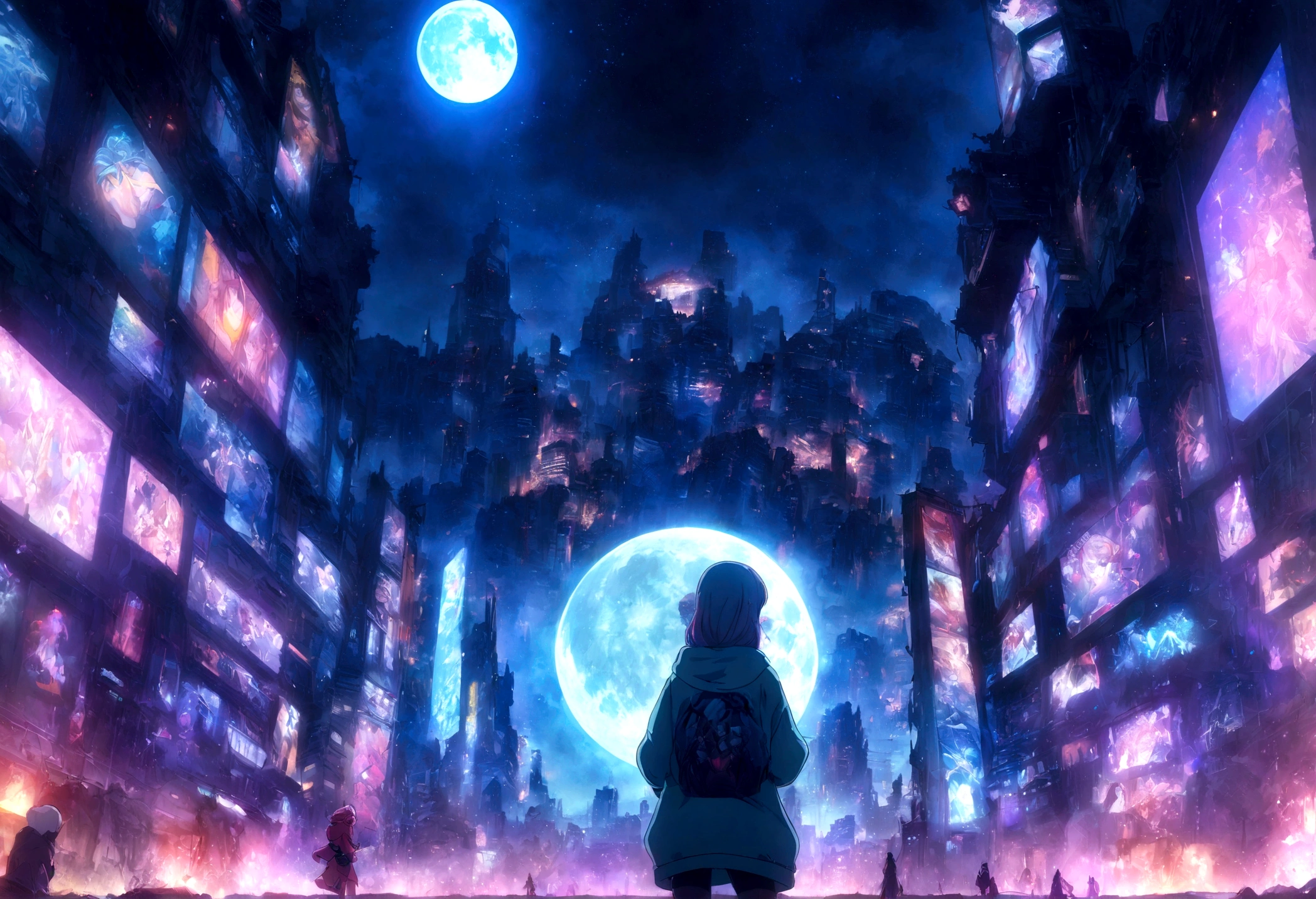 dark fantasy art, original, woman standing with her back turned, nightmare, city at night with full moon, festival where devils gather, skeleton, devil, at night, moon is big is, vampire, lunar city, moonwalker,Dracula,vampire,underworld,gives a sense of beauty and mystery,beautiful and aesthetic,anime, phonk art,phonk image,phonk music image,anime picture, nightcore, anime art wallpaper 4k, anime art wallpaper 4 , beautiful fantasy anime, futuristic city, space and starry sky, girl looking at the sky, anime art wallpaper 4k, anime art wallpaper 8k, anime fantasy artwork, anime style 4k, ultra hd anime wallpaper,brightly colored screen,A cyberpunk, dressed in a hoodie adorned with cyberpunk street goon style.