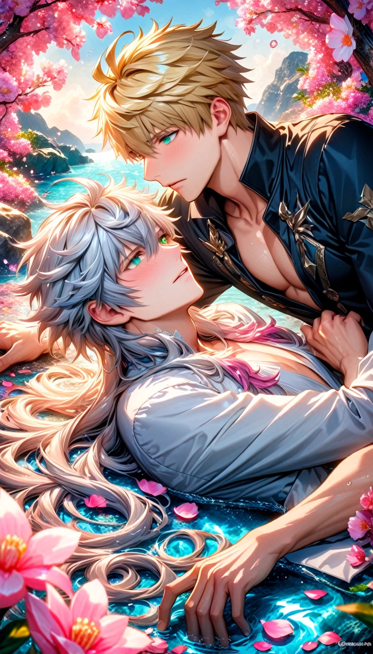 absurdres, highres, ultra detailed, HDR, master piece, best quality, Arthur Pendragon, blonde hair, expressive green eyes, fate grand order, Merlin, white long hair, expressive blue eyes, two sexy men together, gay couple, yaoi, handsome, white tunic, black tunic, fantasy, water, pink flowers, pink blossoms, pink butterflies, pink petals