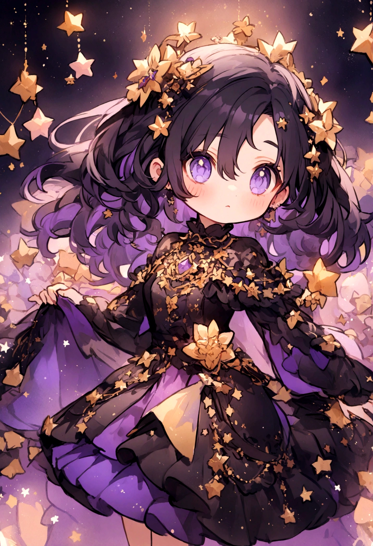 A lovely girl,Black hair with purple highlights,Wearing trendy clothes,Surrounded by stars