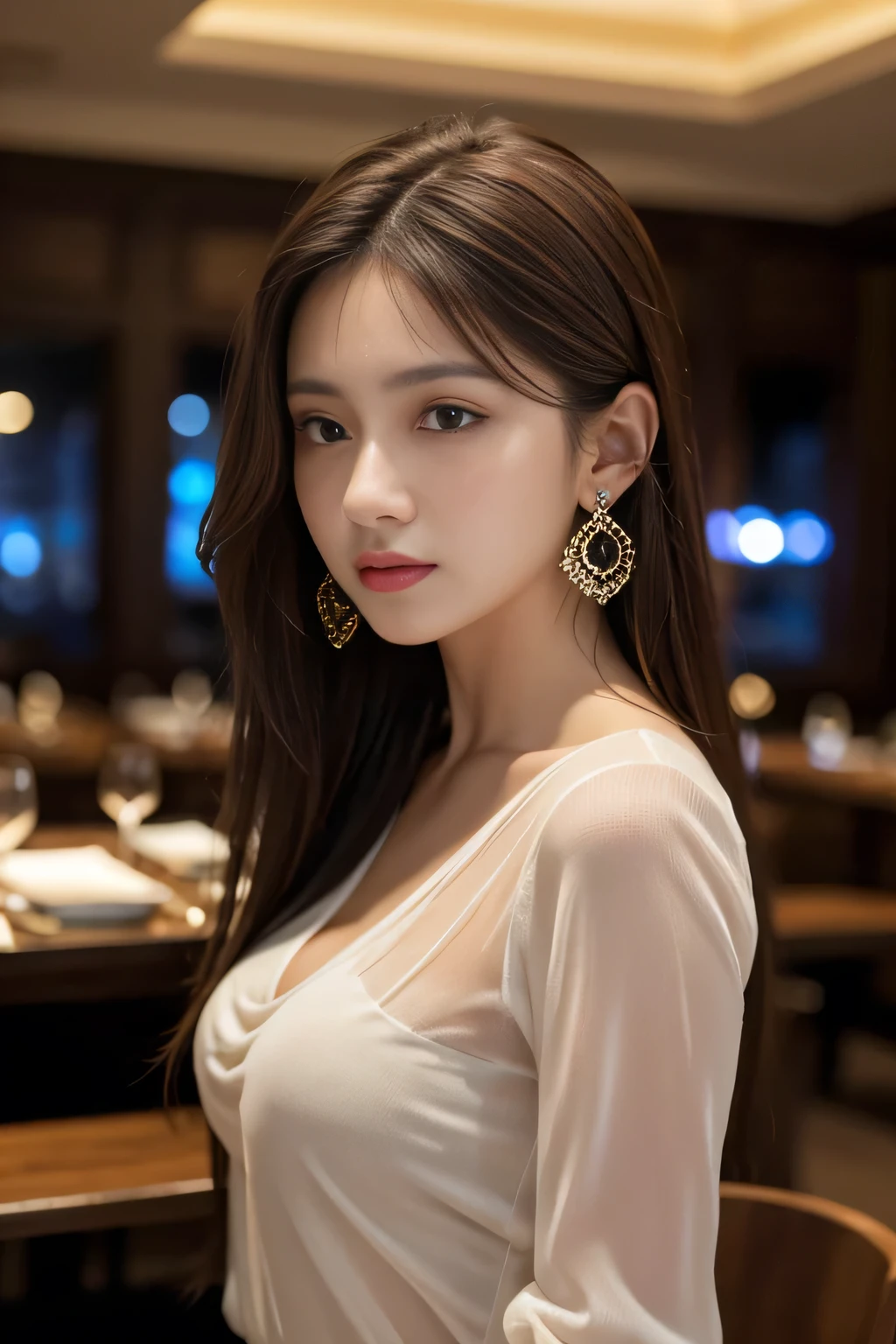 masterpiece, highest quality, Realistic, Very detailed, Finer details, High resolution, 8k wallpaper, One beautiful woman, Wear a black see-through shirt, In a great restaurant, At night, Light brown messy hair, Perfect dynamic composition, Beautiful and beautiful eyes、Big earrings,