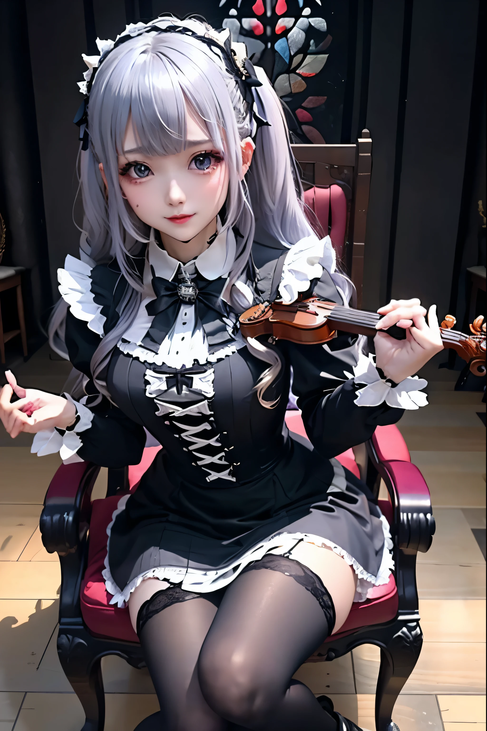 Hard Dark Gothic Makeup、Deep Night Sky、Horror、Black dark eyeshadow、sad、Good skin radiance、Dark Gothicメイク、Dark smile、palace、24-years-old、Embarrassed look、Dark Gothic、Obscene language、highest quality、Drunk face、紫のMaid clothes、Mysterious、Noble、sexy、Loving smile、Right blue eye, Left eye is red、Platform Heel Shoes、Heavy makeup、Gothic Lolita Clothing、Silver Hair、Long Hair Straight Hair、Cute Gothic Lolita Dress、Beautiful Face、elegant features、Fascinating face、Stained glass is the background、Chest glistening with sweat、The room is dark、gothic long dress、Bell Sleeves、Wizard Sleeve、Decadent look、Sexually excited expression、Glossy thighs wet with water、Thighs that are wet and shiny with oil、Background of a room full of roses、The embroidery is pink、The dress has pink embroidery、Thigh-high socks、Knee-high socks、Gentle expression、Dark black eyeshadow、Stained glass and rose background、Female Duo、Female couple、dark church background、Stained glass、Black metal world、Dark Castle、Slender body、gothic long dress、Maid clothes、Victorian dresses、Her thighs glisten with sweat、My body is wet and shiny、Lots of glitter on the thighs、My thighs are sticky from sweating、Sweat glistens on the thighs, The whole body is sweaty and shiny、Quite sweaty、My thighs are sweaty、My thighs are so wet、My thighs are shining with sweat、A lot of sweat glistens all over the body、Small breasts、Orchestra StageStage、Dynamic Angle、sitting on a gothic chair、Play the violin gracefully、With a violin、Press the violin strings、violinist、orchestra performance、Thin thighs、slender、Violin body and strings、Sit on a chair、pantyhose、