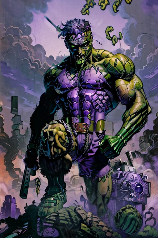 (Male of Caucasian origin).A ((muscular:1.3)) ((green skin:1.2)) ((zombie)), (missing left eye), long brown dreadlocks, rotting flesh, purple headband, purple shorts, athletic shoes, ((cigarillo in his mouth)) with massive clouds of purple smoke. smoke coming out of the left eye socket. Stoner.