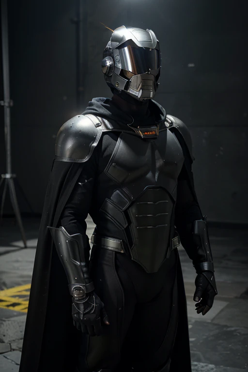 highres:1.2), ultra-detailed, realistic, superhero man, godly metal silver armor, black cape, black gloves, black stripes on both sides of arms, no logo on armor, wears a black astronaut helmet with yellow visor, superhero base, cinematic lighting, dramatic shadows, volumetric lighting, epic fantasy, hyper detailed, majestic, awe-inspiring, heroic, powerful pose