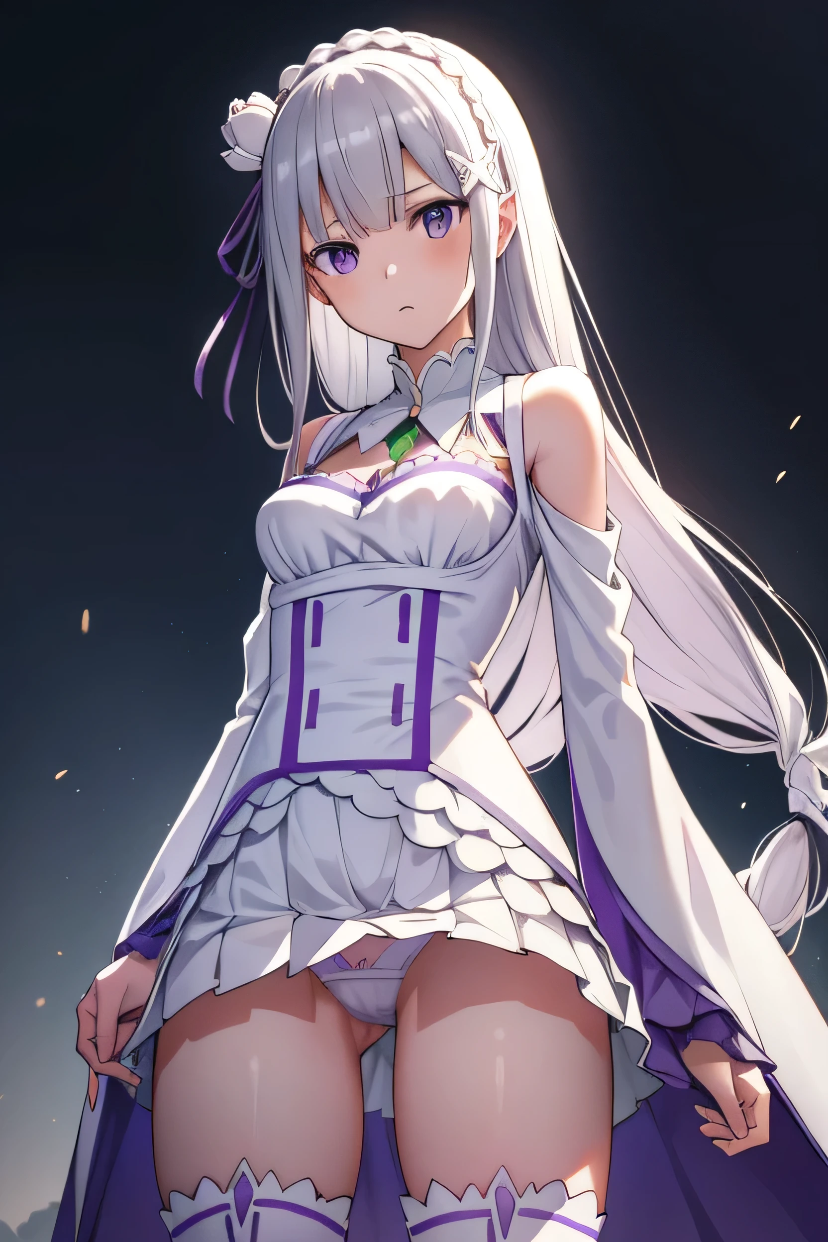 rezeroEmilia, Emilia, Braiding, crown Braiding, flower, hair flower, hair ornaments, hair ribbon, Long Hair, Pointed Ears, (Purple eyes:1.2), Gray Hair, x hair ornaments,break detached collar, Removable sleeves, frills sleeves, Frills, Long sleeve, miniskirt, pleated skirt, ribbon, skirt, Knee socks, white skirt, White sleeves, white Knee socks, Wide sleeves, zettai ryouiki,break outdoors, city, break looking at viewer, break (masterpiece:1.2), highest quality, High resolution, unity 8k wallpaper, (figure:0.8), (Beautiful fine details:1.6), Highly detailed face, Perfect lighting, Highly detailed CG, (Perfect hands, Perfect Anatomy),Show off your underwear, Thin white panties, Showing panties, Girl shows off her panties, Spread your legs, Slender thighs, Beautiful poop, White Cheeks, Garment Lift, Lifted it himself