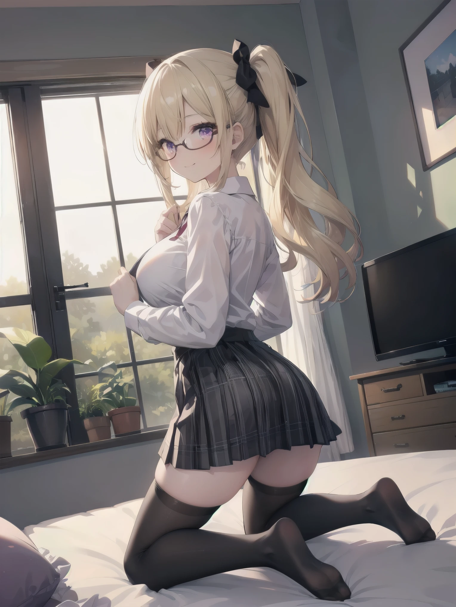 1girl, solo, long hair, breasts, looking at viewer, blush, smile, bangs, skirt, blonde hair, large breasts, shirt, thighhighs, long sleeves, bow, ribbon, holding, closed mouth, , purple eyes, hair ribbon, white shirt, ass, hair bow, sidelocks, thighs, pleated skirt, glasses, collared shirt, looking back, black thighhighs, indoors, miniskirt, from behind, side ponytail, zettai ryouiki, pillow, plaid, window, kneeling, black ribbon, bed, on bed, plaid skirt, no shoes, plant, potted plant, television,anim