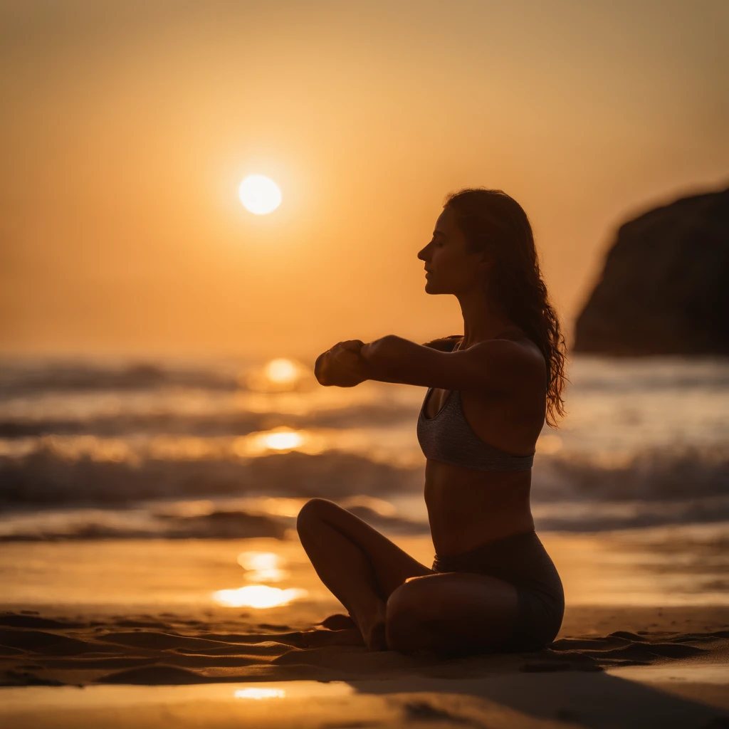 "Uma jovem mulher praticando ioga ao nascer do sol em uma praia tranquila, transmitting peace and self-confidence."