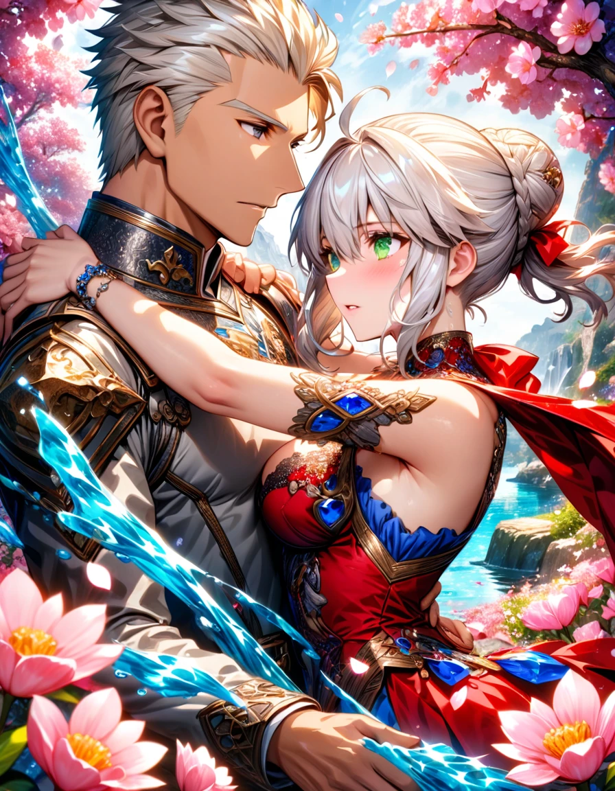 Ultra detailed, Highres, absurdres, HDR, master piece, Archer, white hair, expressive brown eyes, Artoria Pendragon, blond hair tied in a bun, expressive green eyes, Fate Grand Order, a handsome man together with a beautiful woman, couple, love, extremely detailed eyes and face, water, pink flowers, blossoms, petals, fantasy, magic, best quality, sexy, knight red clothes