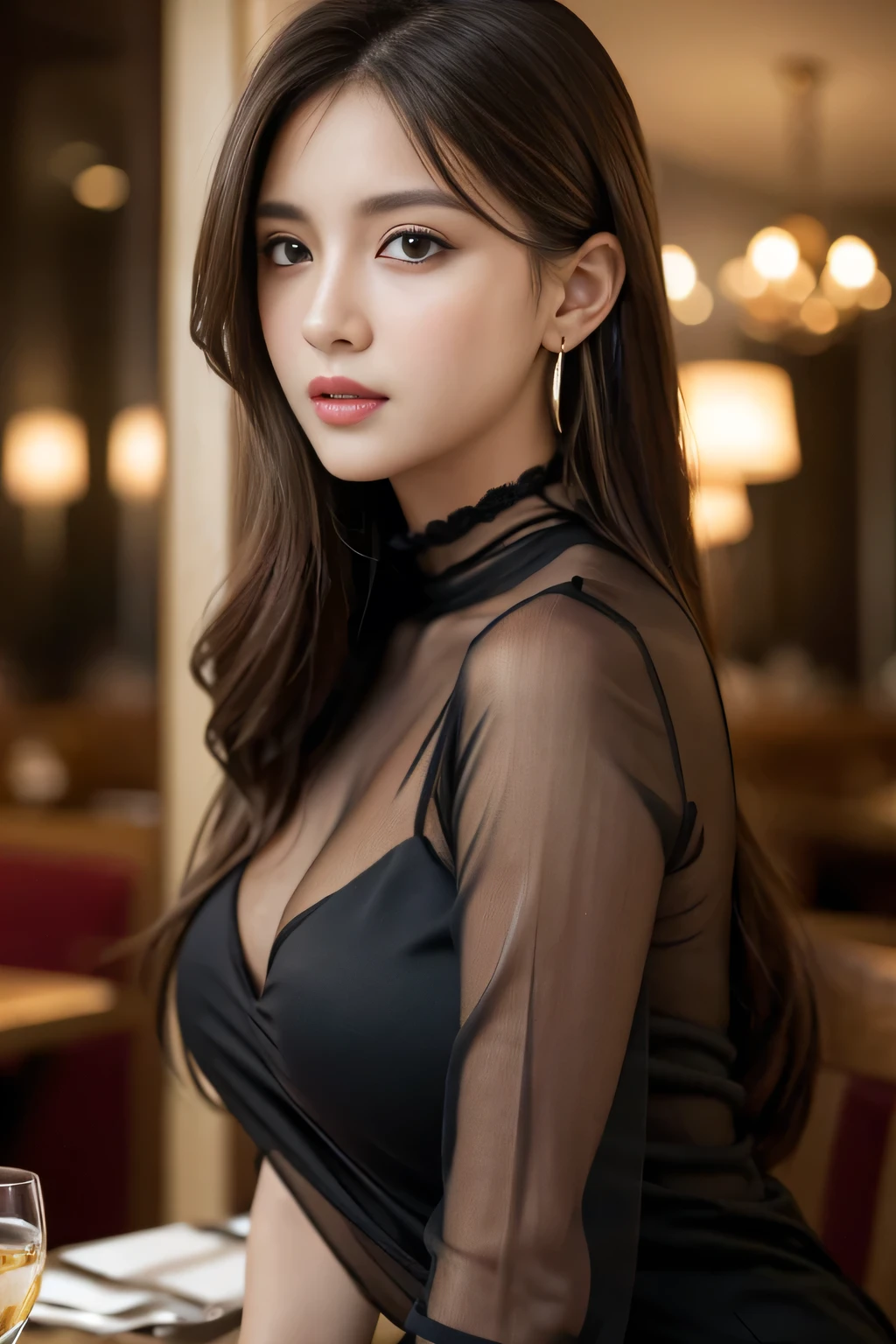 masterpiece, highest quality, Realistic, Very detailed, Finer details, High resolution, 8k wallpaper, One beautiful woman, Wear a black see-through shirt, In a great restaurant, At night, Light brown messy hair, Perfect dynamic composition, Beautiful and beautiful eyes、Big earrings,