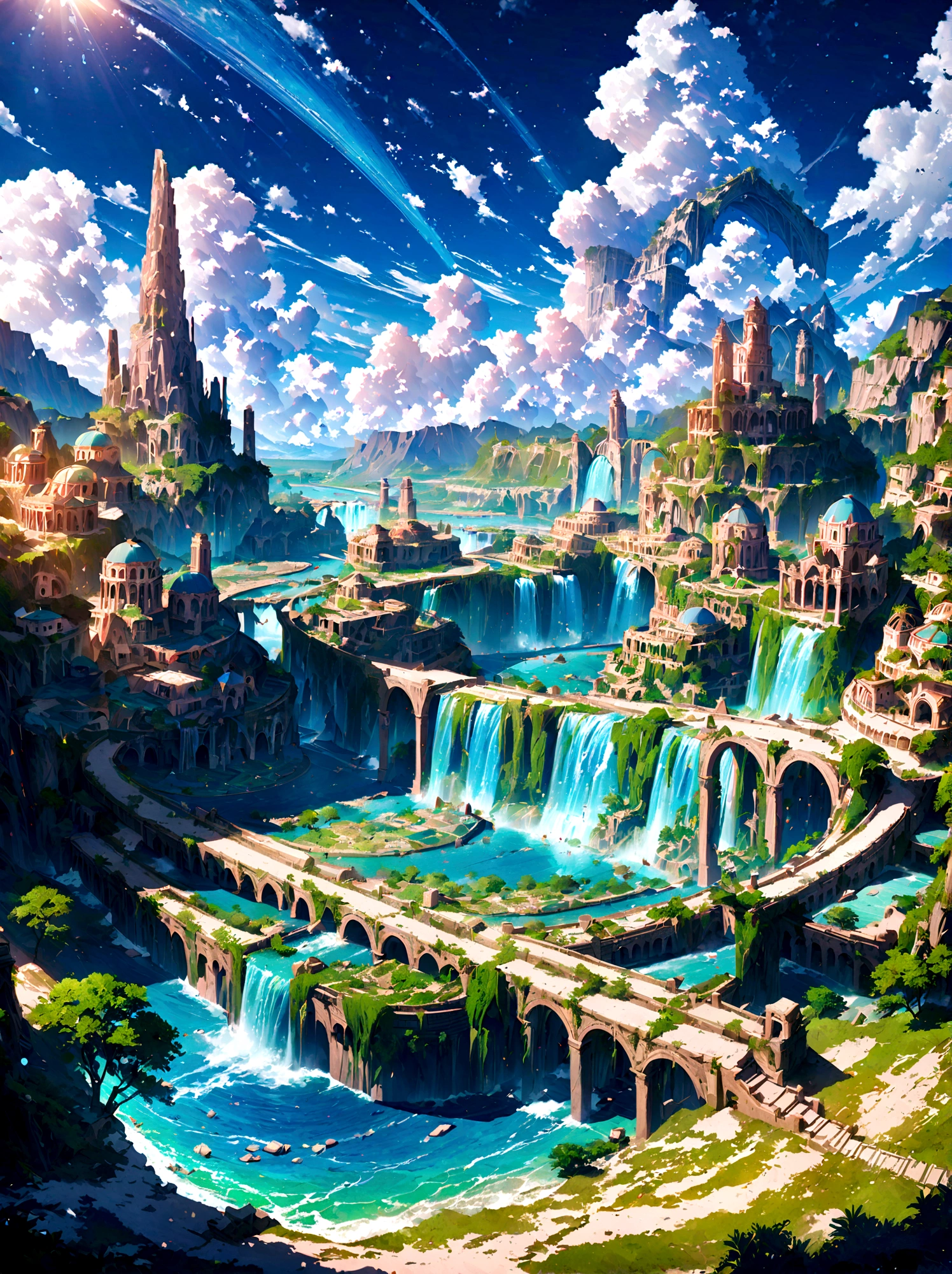 8K resolution, surreal, Super detailed, high quality, fantastical city, towering archways and bridges, cascading waterfalls, ancient ruins, lush greenery, winding river, blue skies with fluffy clouds, detailed stone structures, scenic landscapes, mix of natural and architectural beauty, vibrant colors