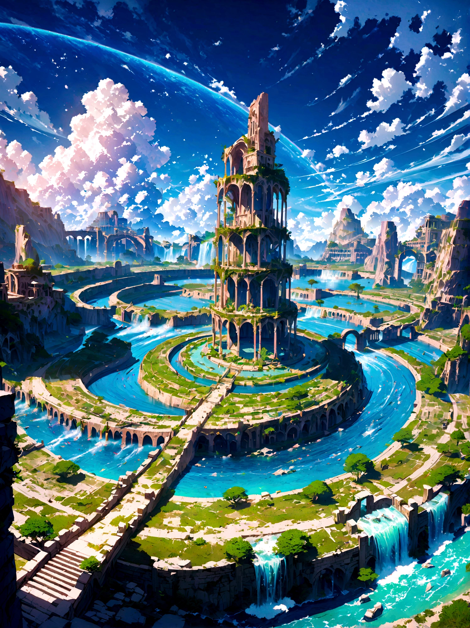 8K resolution, surreal, Super detailed, high quality, fantastical city, towering archways and bridges, cascading waterfalls, ancient ruins, lush greenery, winding river, blue skies with fluffy clouds, detailed stone structures, scenic landscapes, mix of natural and architectural beauty, vibrant colors