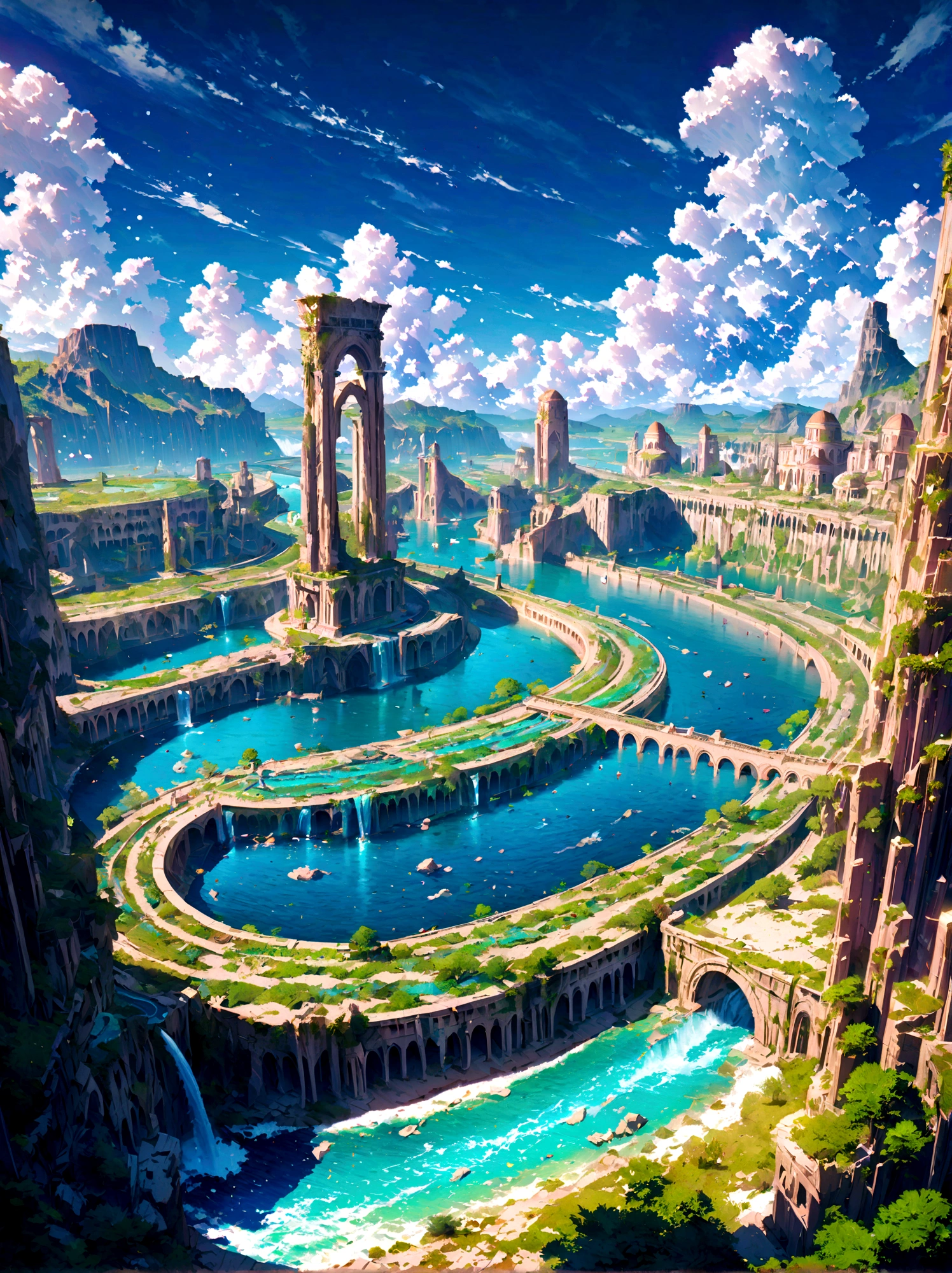 8K resolution, surreal, Super detailed, high quality, fantastical city, towering archways and bridges, cascading waterfalls, ancient ruins, lush greenery, winding river, blue skies with fluffy clouds, detailed stone structures, scenic landscapes, mix of natural and architectural beauty, vibrant colors