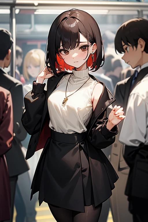 Brown short bob、Sleeveless white sweater、wearing a black jacket、Flared sleeves、Tight Skirt、Black Stockings、necklace、Extremely crowded train、There are a lot of people crowded together、Disheveled clothes、Your cheeks are red、slender、Curved waist、slender、Beautiful clavicle、There are a lot of people and they are close to each other、Flickering、Sexy、Belly button、Earrings、Color mesh on hair、