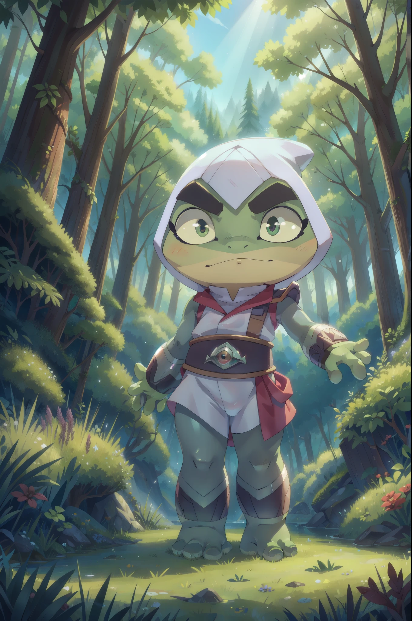 Bullfrog, frog, detailed body, detailed face, detailed eyes, glistering body, shiny body, gorgeous body, forest, clear sky, full body, feets with three toes, tiny body, short body, standing, solo,