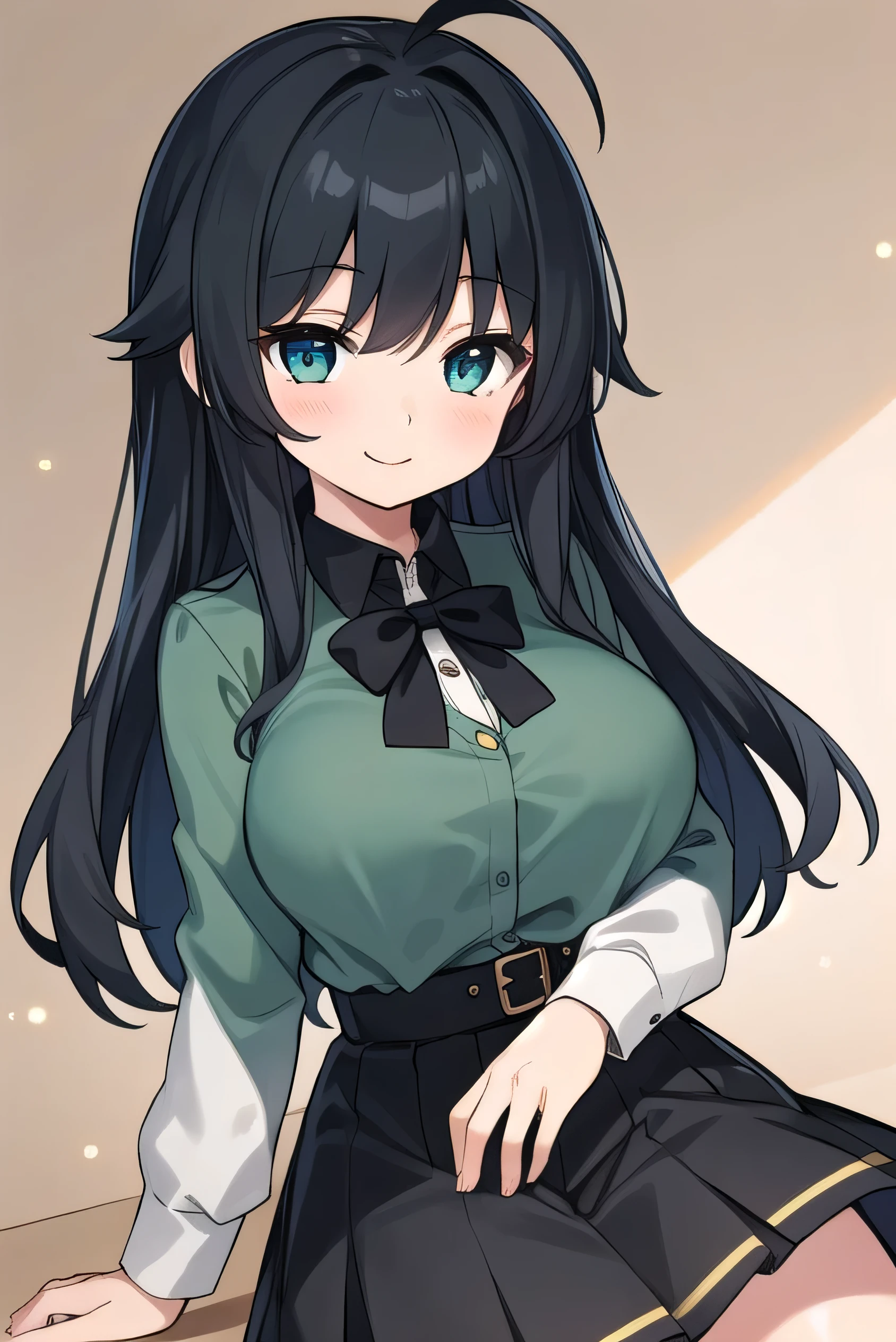 Junior high school student who looks like an elementary school student, 14 years old, very short, 140 cm tall, black hair with a slight green tinge, short ahoge, beautiful long hair but with a little hair sticking out, beautiful round eyes, blue eyes, smile, boyish, long sleeves, Thick clothes, skirt, big breasts, hair longer than waist, long hair, childish face, gentle smile, a little shy, black skirt, black hair with a slight green tinge, boyish, gentle smile, jacket one size larger, ( Deep greenish black hair: 1.3)