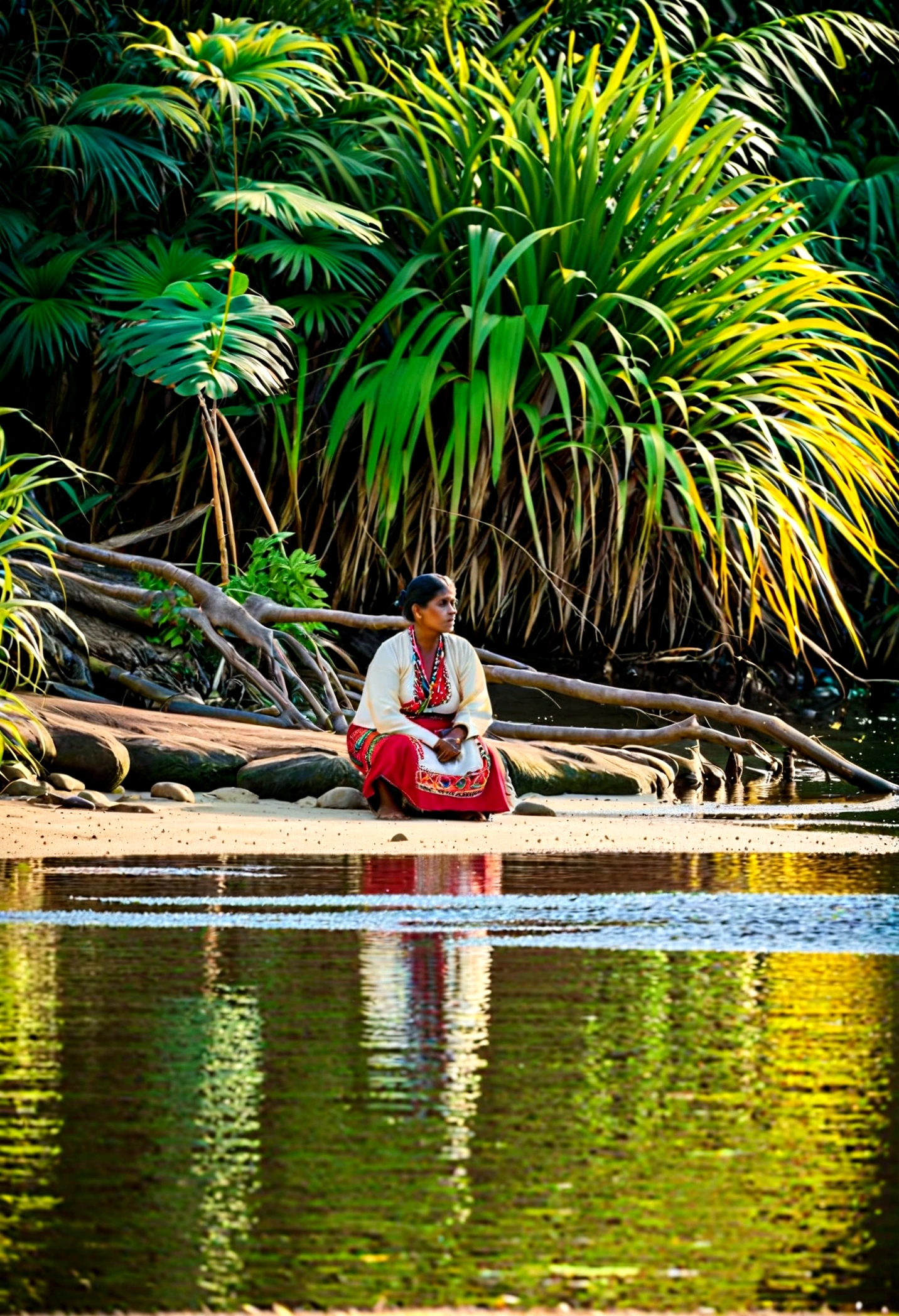 "An indigenous woman sits on the bank of a winding river, their traditional clothes reflected in the water. Alguns animais da fauna local, such as birds and small mammals, are present nearby, observando a cena com curiosidade. A mulher parece em harmonia com a natureza que a rodeia, his contemplative and serene expression. The scenery is characterized by a palette of greens and blues., with the golden sunlight filtered through the foliage on the riverbank."