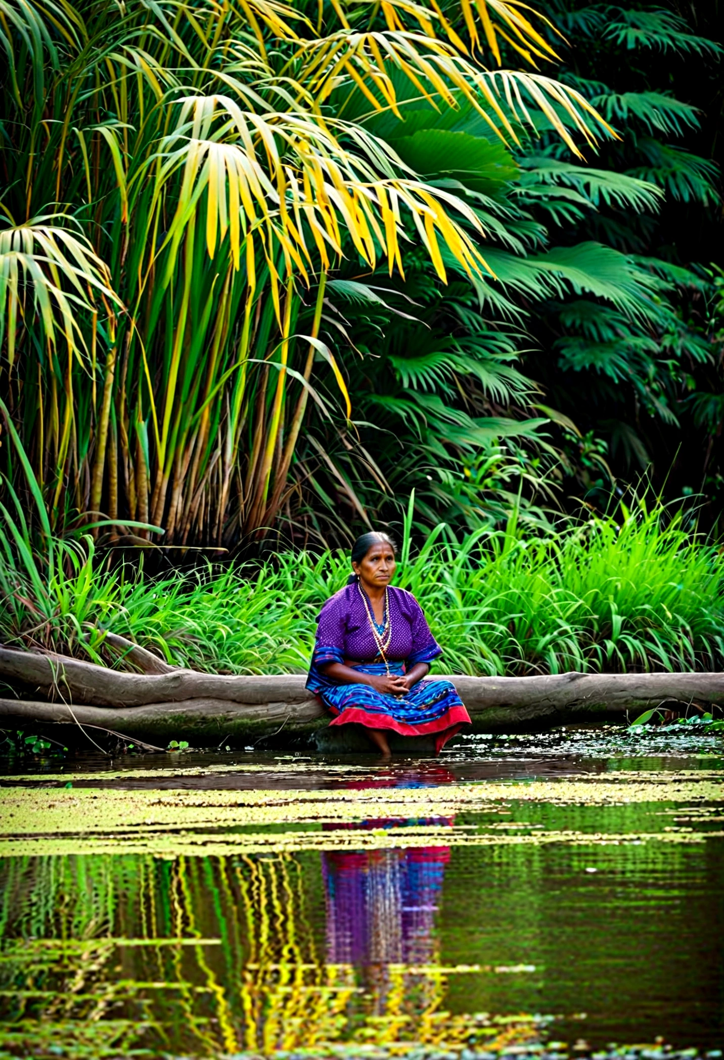"An indigenous woman sits on the bank of a winding river, their traditional clothes reflected in the water. Alguns animais da fauna local, such as birds and small mammals, are present nearby, observando a cena com curiosidade. A mulher parece em harmonia com a natureza que a rodeia, his contemplative and serene expression. The scenery is characterized by a palette of greens and blues., with the golden sunlight filtered through the foliage on the riverbank."