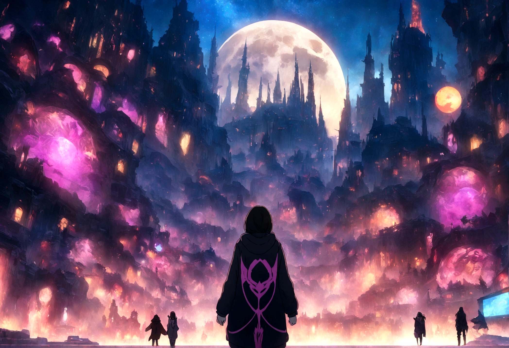 dark fantasy art, original, woman standing with her back turned, nightmare, city at night with full moon, festival where devils gather, skeleton, devil, at night, moon is big is, vampire, lunar city, moonwalker,Dracula,vampire,underworld,gives a sense of beauty and mystery,beautiful and aesthetic,anime, phonk art,phonk image,phonk music image,anime picture, nightcore, anime art wallpaper 4k, anime art wallpaper 4 , beautiful fantasy anime, futuristic city, space and starry sky, girl looking at the sky, anime art wallpaper 4k, anime art wallpaper 8k, anime fantasy artwork, anime style 4k, ultra hd anime wallpaper,brightly colored screen,A cyberpunk, dressed in a hoodie adorned with cyberpunk street goon style. 