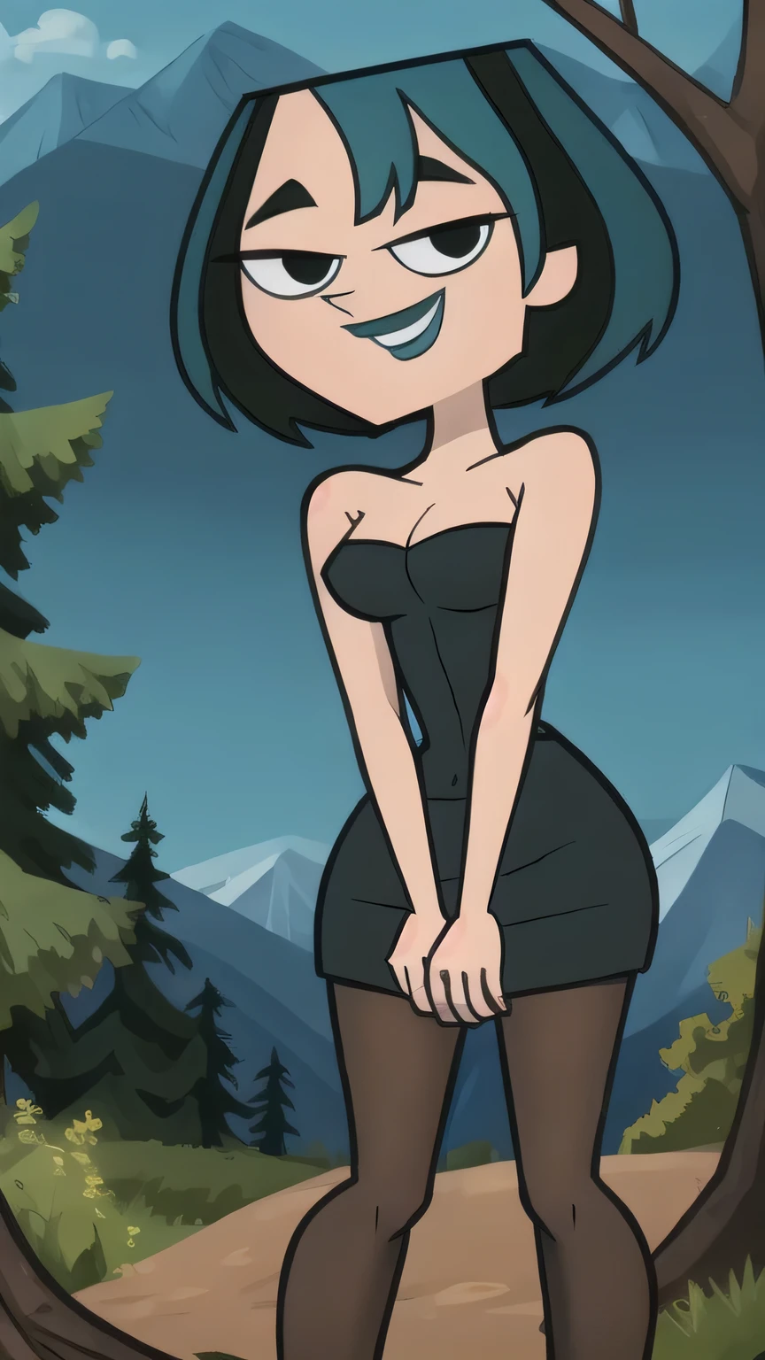 score_8_up, BREAK, 1girl, solo, Roxanne, brown hair, short hair, blue eyes, lipstick, red dress, <lora:roxanne_ritchi_XL_Leaf:1>, sitting on rock, forest,