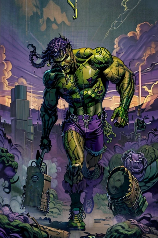 (Male of Caucasian origin).A ((muscular:1.3)) ((green skin:1.2)) ((zombie)), (missing left eye), long brown dreadlocks, rotting flesh, purple headband, purple shorts, athletic shoes, ((cigarillo in his mouth)) with massive clouds of purple smoke. smoke coming out of the left eye socket. Stoner.