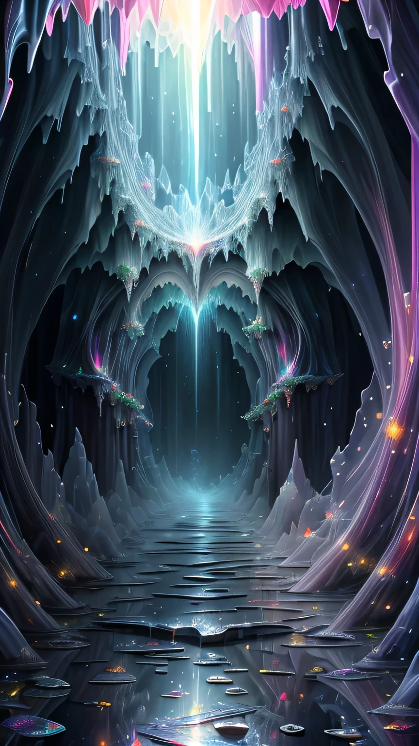 Very high resolution, masterpiece, (super high quality), Highly detailed illustration, Digital Art, Digital Painting, Bright colors, Scenic, Realistic, Amazing Black Crystal Palace, A hallway made of black crystal, Hidden deep in the cave, A rainbow-colored wall that refracts the surrounding moonlight, Shine, From above,