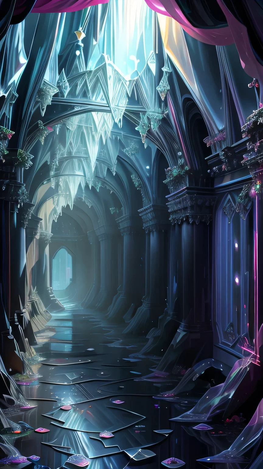 Very high resolution, masterpiece, (super high quality), Highly detailed illustration, Digital Art, Digital Painting, Bright colors, Scenic, Realistic, Amazing Black Crystal Palace, A hallway made of black crystal, Hidden deep in the cave, A rainbow-colored wall that refracts the surrounding moonlight, Shine, From above,