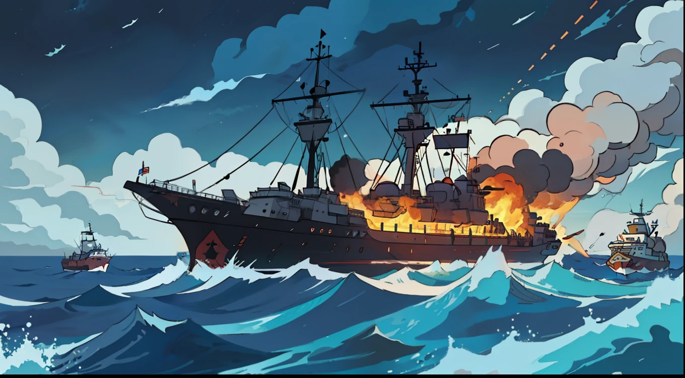 In the middle of the ocean, a burning and sinking, battle ship in the far,merchant ship is heading head-on