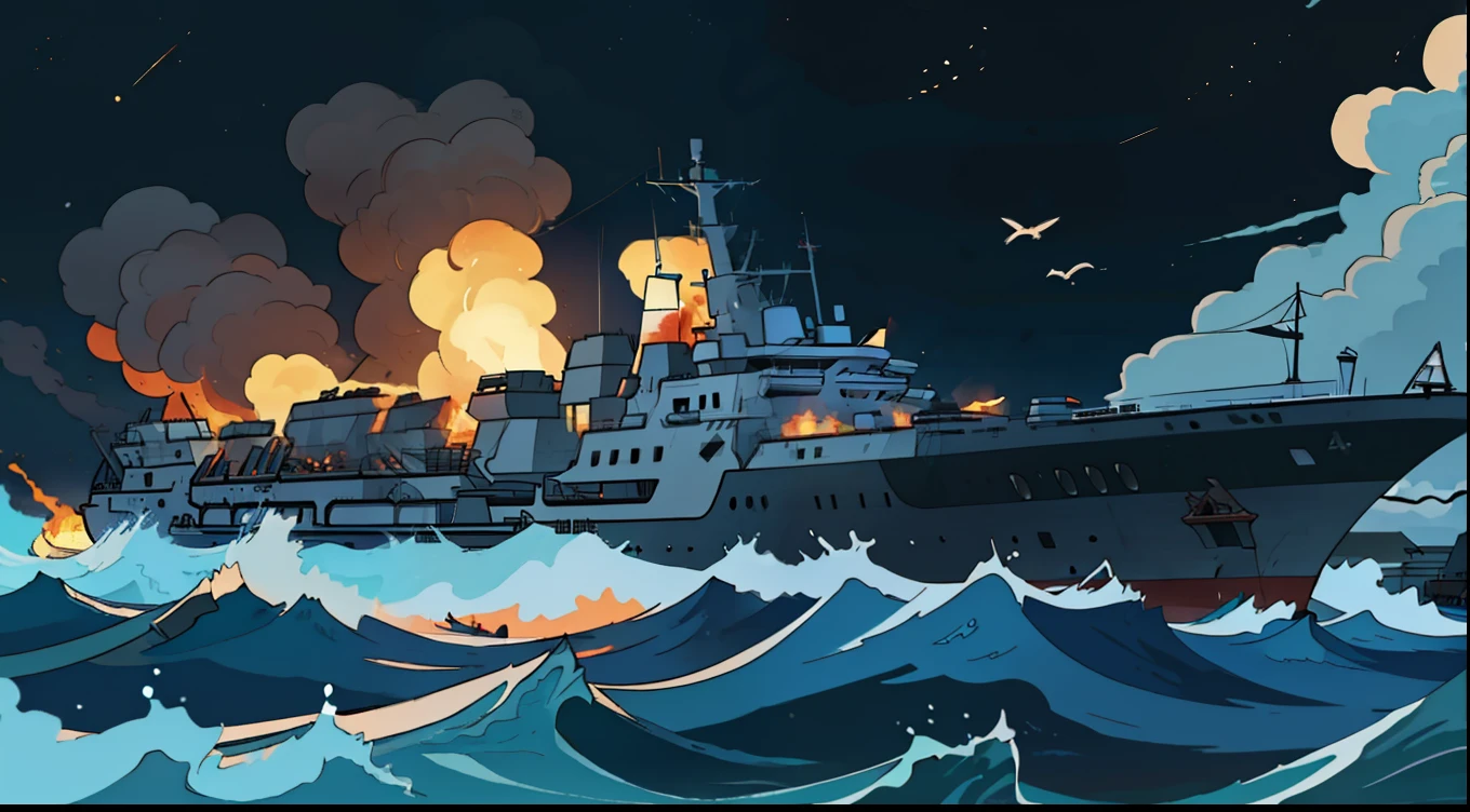 In the middle of the ocean, a burning and sinking, battle ship in the far,merchant ship is heading head-on