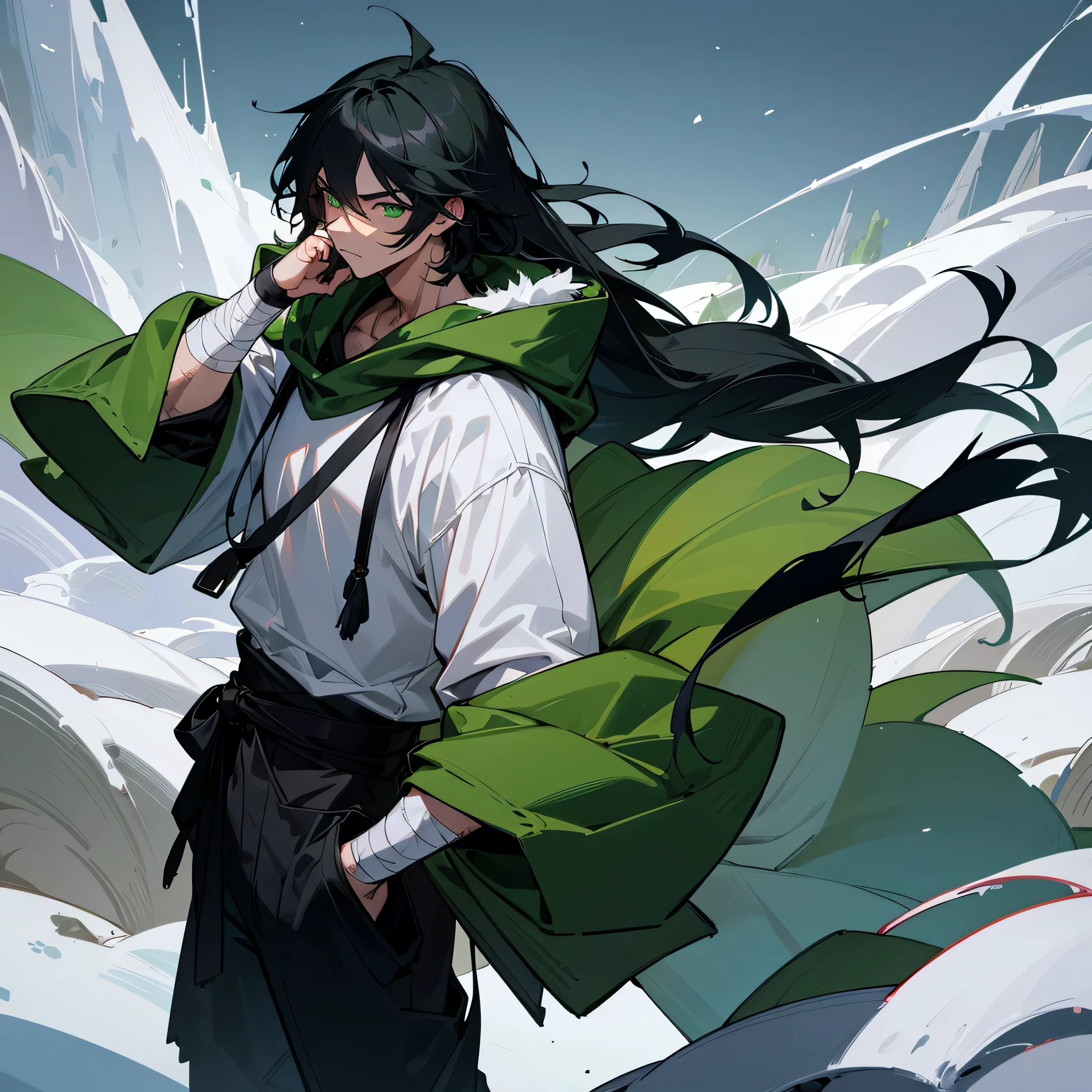1male, young teen, finely detailed green eyes, wild long hair, black hair, scars, arm bandages, oversized hooded fur poncho, loose pants, muscular, standing on snowy mountain, night time, serious expression, dragon tattoo