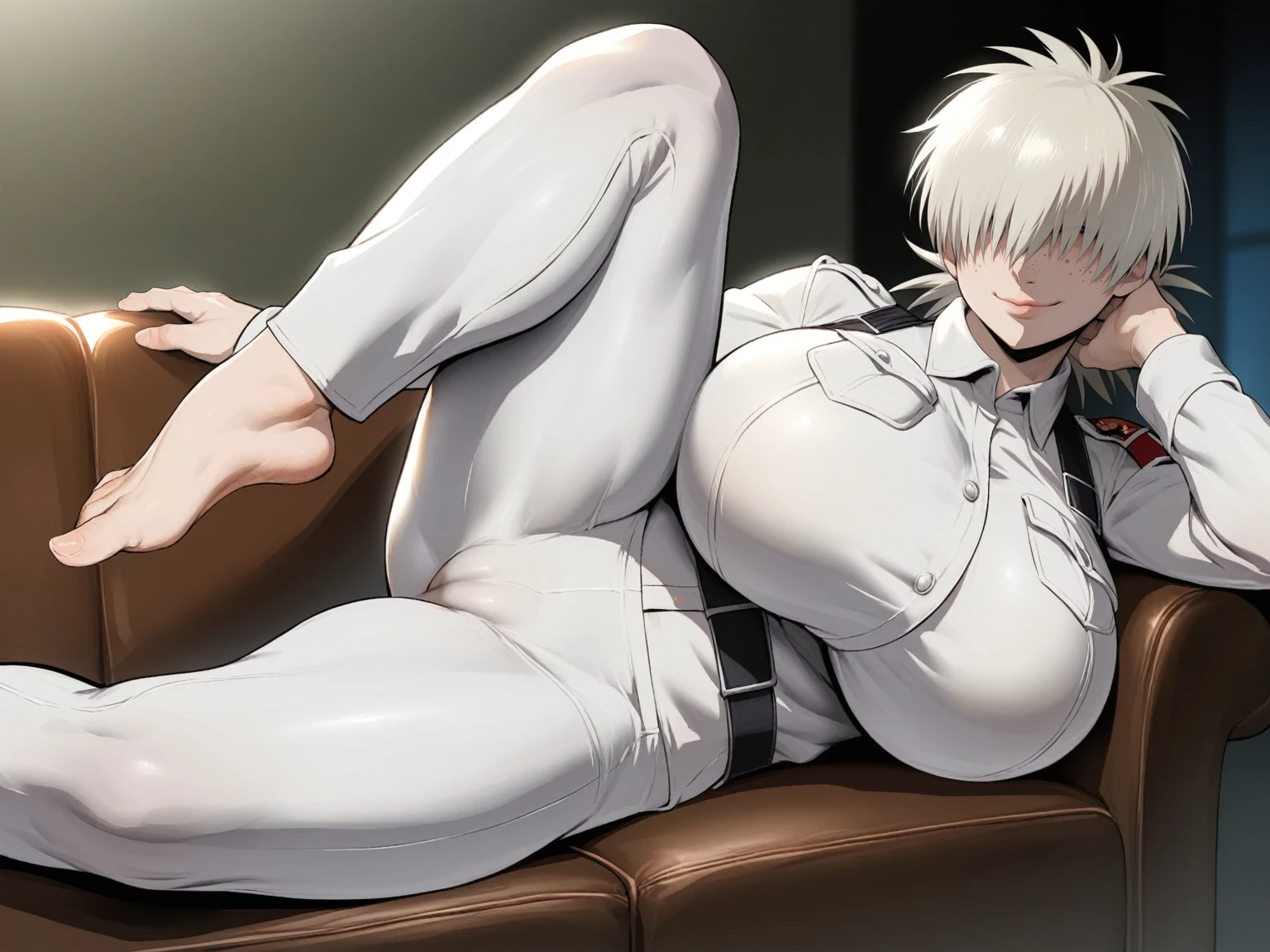 score_9, score_8_up, score_7_up, score_6_up, score_5_up, BREAK, 1girl, solo, huge breasts,  hellsing, freckles, white pants, long sleeves , sitting, |{{{smug}}}, pattren detailed wallpaper, night time, smug expression, head tilt, looking to the side, gigantic breasts, breast focus, boob window, , Detailed face, Detailed blue eyes, Detailed face, blue eyes, perfect eyes, perfect face, ikuchan, hair over eyes, closeup, indoors, couch, spreading legs, lying on side, lying on couch, laying on side, feet, spreading legs, cameltoe