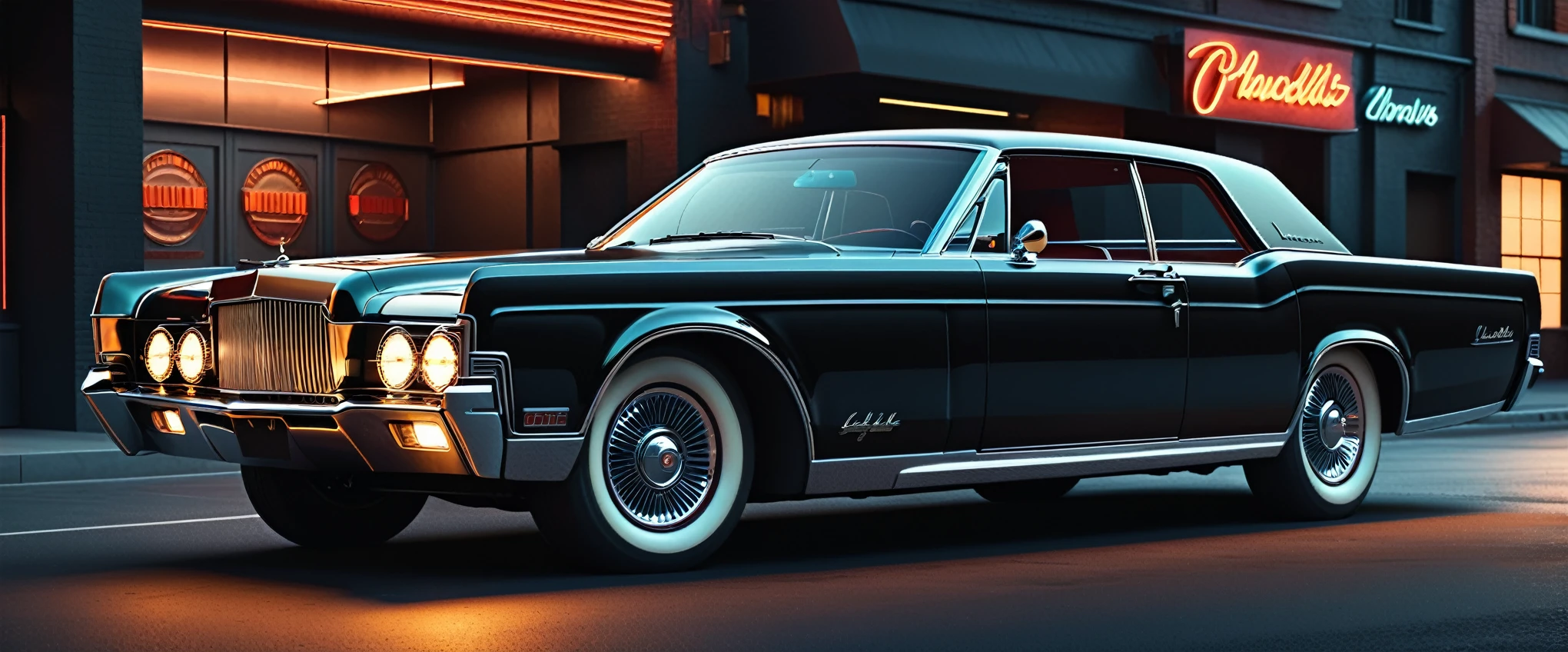 classic muscle car, lincoln continental, chromium-plated, op art, 1967, black shiny car, cinematic full shot, highly detailed hyper real retro, looking regal and classic, with sleek lines and a powerful, classic car, photo render, sparkling metal,professional photo , (night), natural light, neon signs, highly detailed, (highly detailed background), high quality photo, realistic photo, realistic shadows, detailed shadows, realistic proportions,film grain, raw photo, (raytracing), slate atmosphere, cinematic